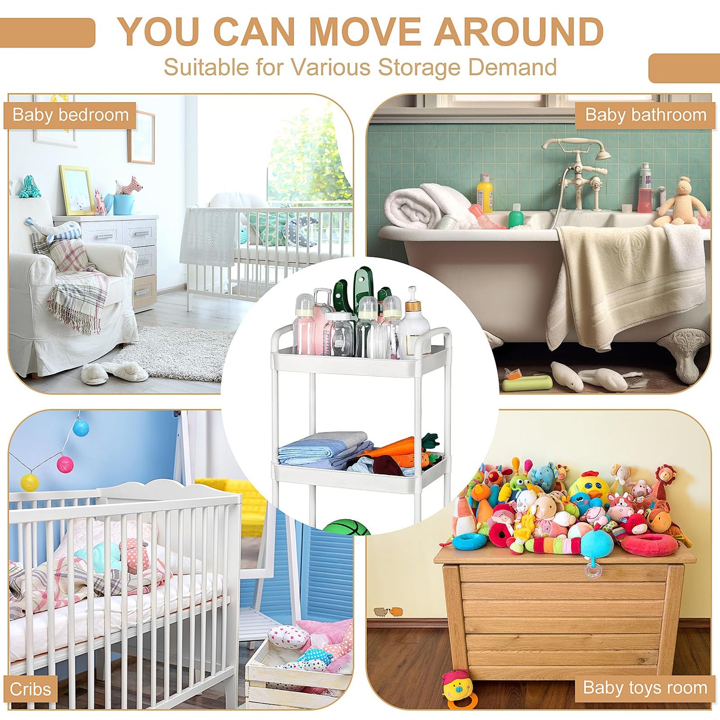 Barydat Baby Diaper Caddy Organizer, Rolling Plastic Movable Diaper Cart Essentials Baby Diapers Storage Organizer Newborn Nursery Essentials for Changing Tables, Crib, Wipes