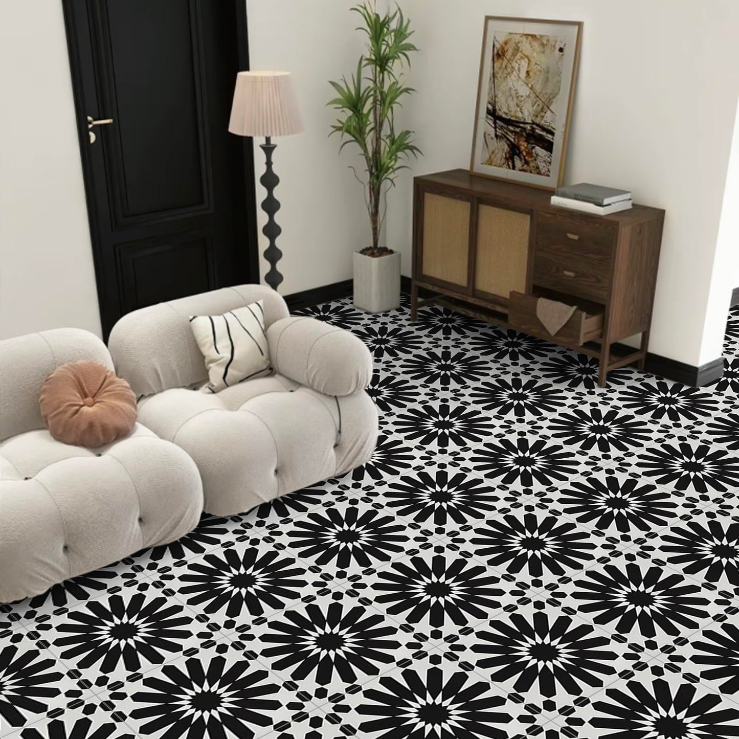 Elffloor Peel and Stick Floor Tile, Black and White Flower Waterproof Vinyl Flooring, 11.8 in×11.8 in, Peel and Stick Flooring for Bathroom, Kitchen, Bedroom, 10 Pcs