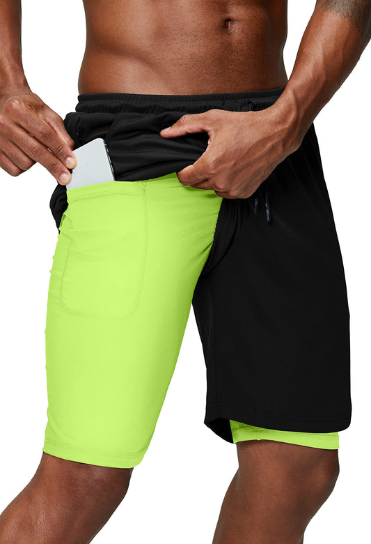 Pinkbomb Men's 2 in 1 Running Shorts Gym Workout Quick Dry Mens Shorts with Phone Pocket (Black&Green, Large)