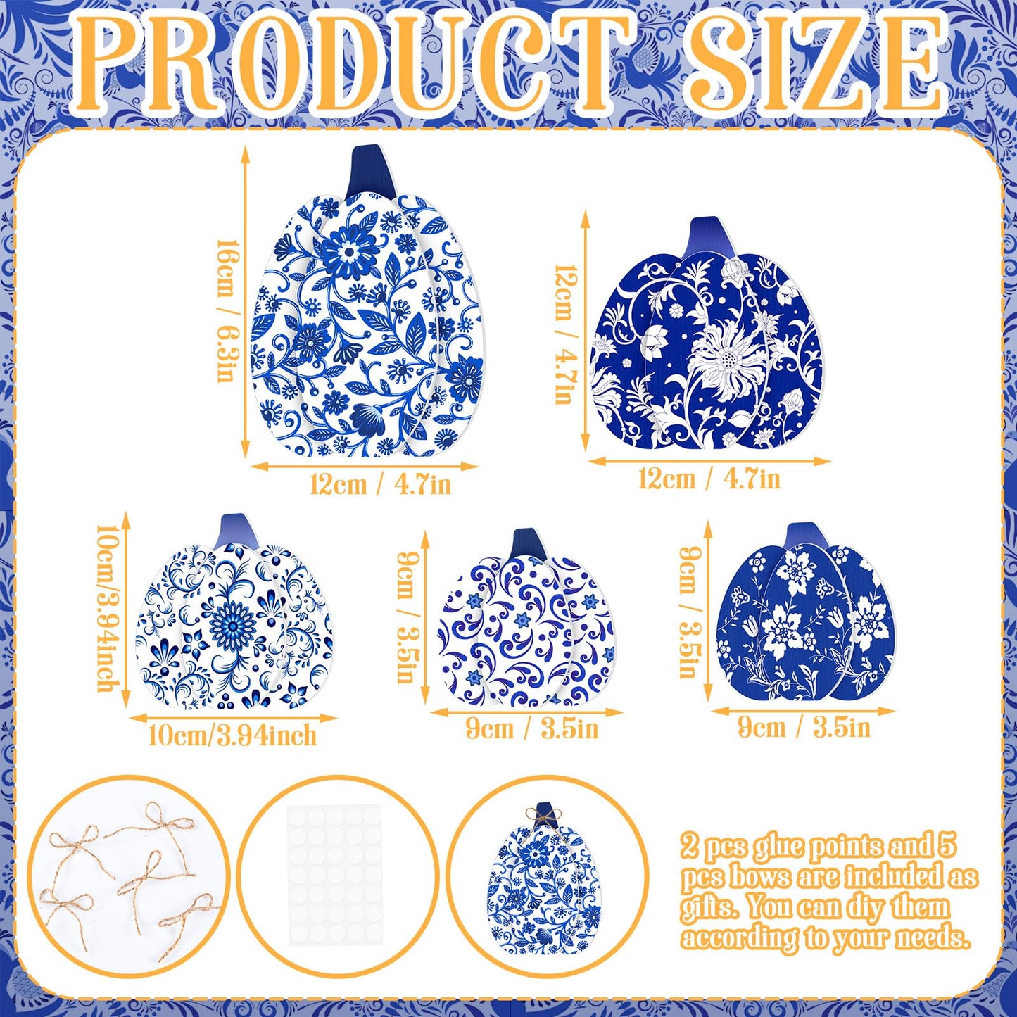 Moucuny 5 Pcs Blue and White Porcelain Pumpkin Decor Chinoiserie Porcelain Fall Pumpkin Sign Autumn Farmhouse Rustic Tiered Tray Decorations Table Centerpieces Standing Wooden Block for Home Kitchen