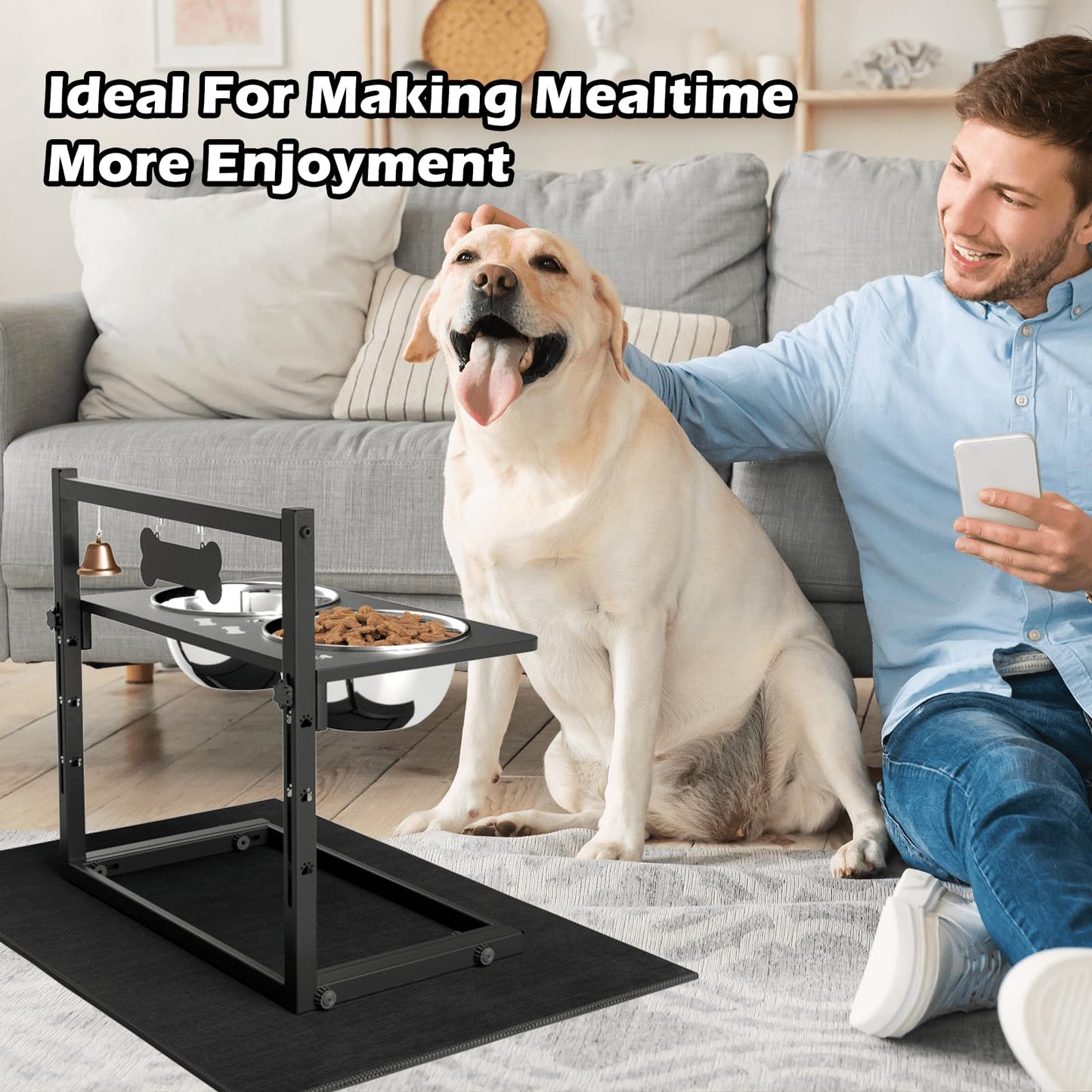 SHAINFUN Elevated Dog Bowls with Mat, Adjustable Height 4.3''-11.8'', Metal Stand, Two 1.7L Stainless Steel Food & Water Bowls for Large, Medium Dogs