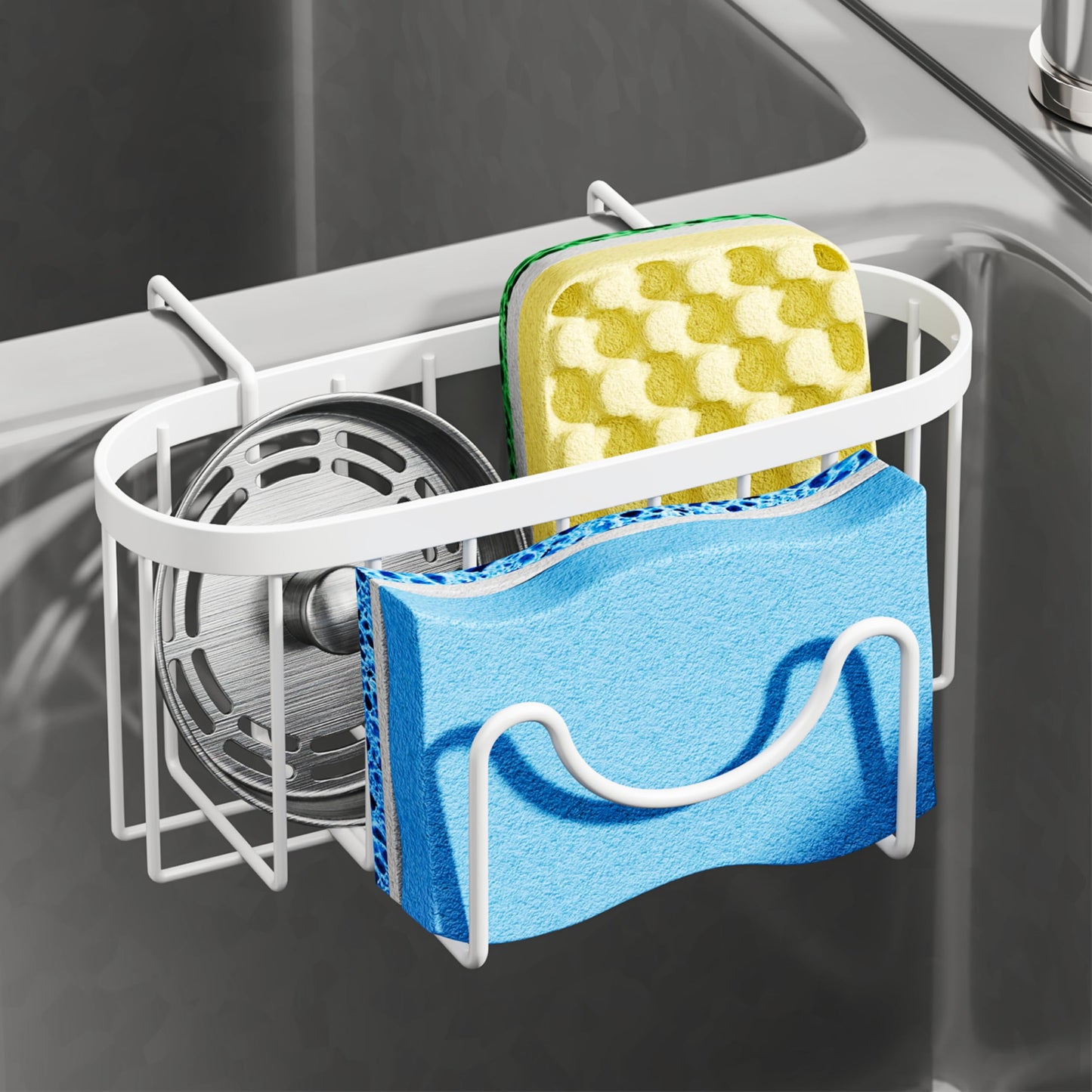 SWTYMIKI Sponge Holder - Movable Kitchen Caddy with M Shape Hook, Stainless Steel Hanging Caddy for Dish Sponge, Brush, Sink Stopper Organizer in Double Bowl Sink, White
