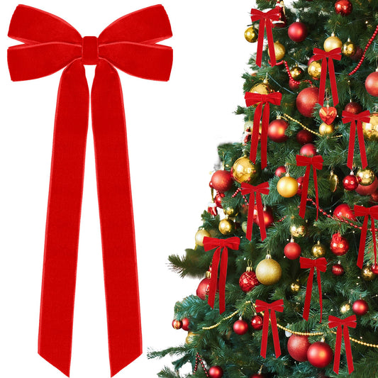 12Pcs Red Velvet Ribbon Bows Christmas Tree Decorations,5in x 10in Xmas Ornaments for Tree Home Party Front Door Wreath Holiday Decor