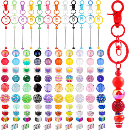 Wurosi 142 Pcs Beadable Keychain Making Kit, Including 12 Pcs Beadable Keychains Bars Blanks, 130 Pcs Bubblegum Beads Spacer Bead, Keychain Beads Supplies for DIY Crafts Jewelry Making Gift