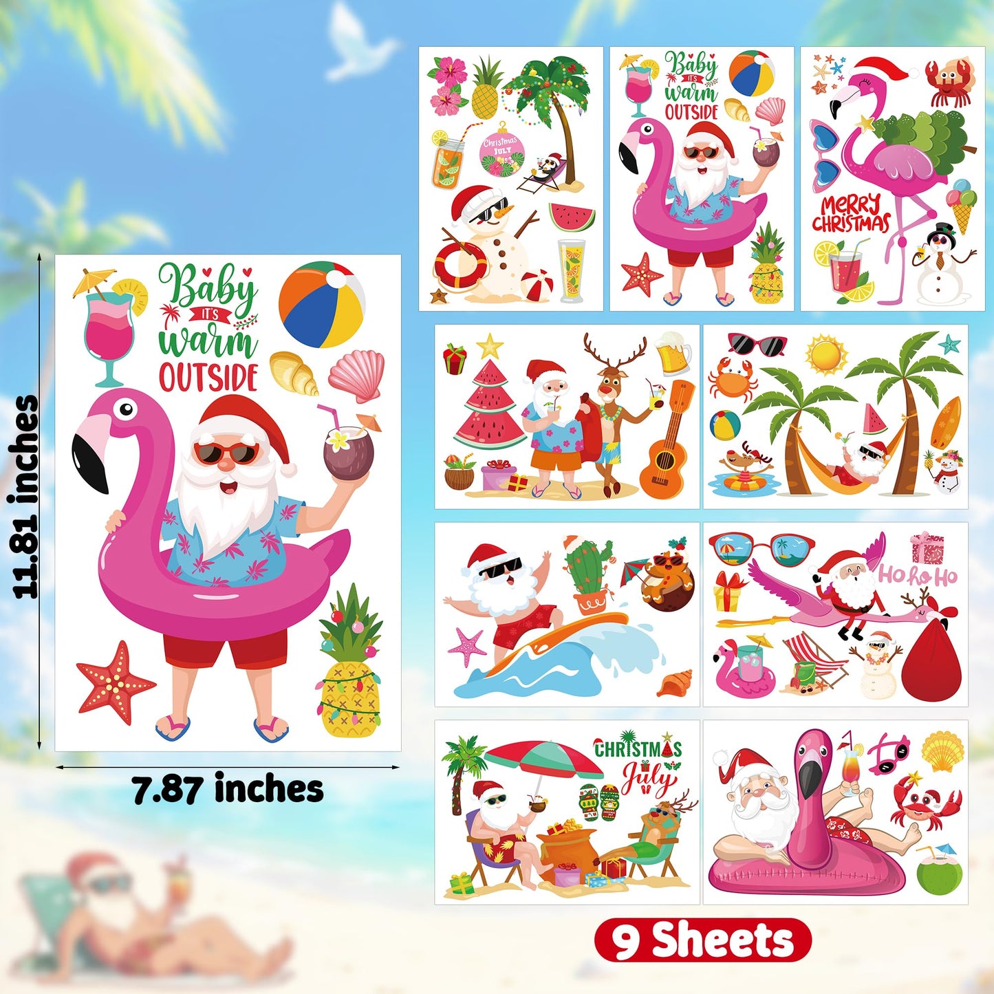 Christmas July Window Clings, 9 Sheets Summer Christmas Window Clings, Tropical Santa Claus Decals Decor, Flamingo July Hawaiian Xmas Snowman Stickers Beach Hawaii Summer Party Decorations Supplies