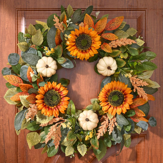 Waipfaru Fall Wreaths for Front Door,22in Sunflower Fall Door Wreath with Pumkin，Fall Wreaths for Thanksgiving Harvest, Autumn Wreath for Porch Indoor Outdoor Decor