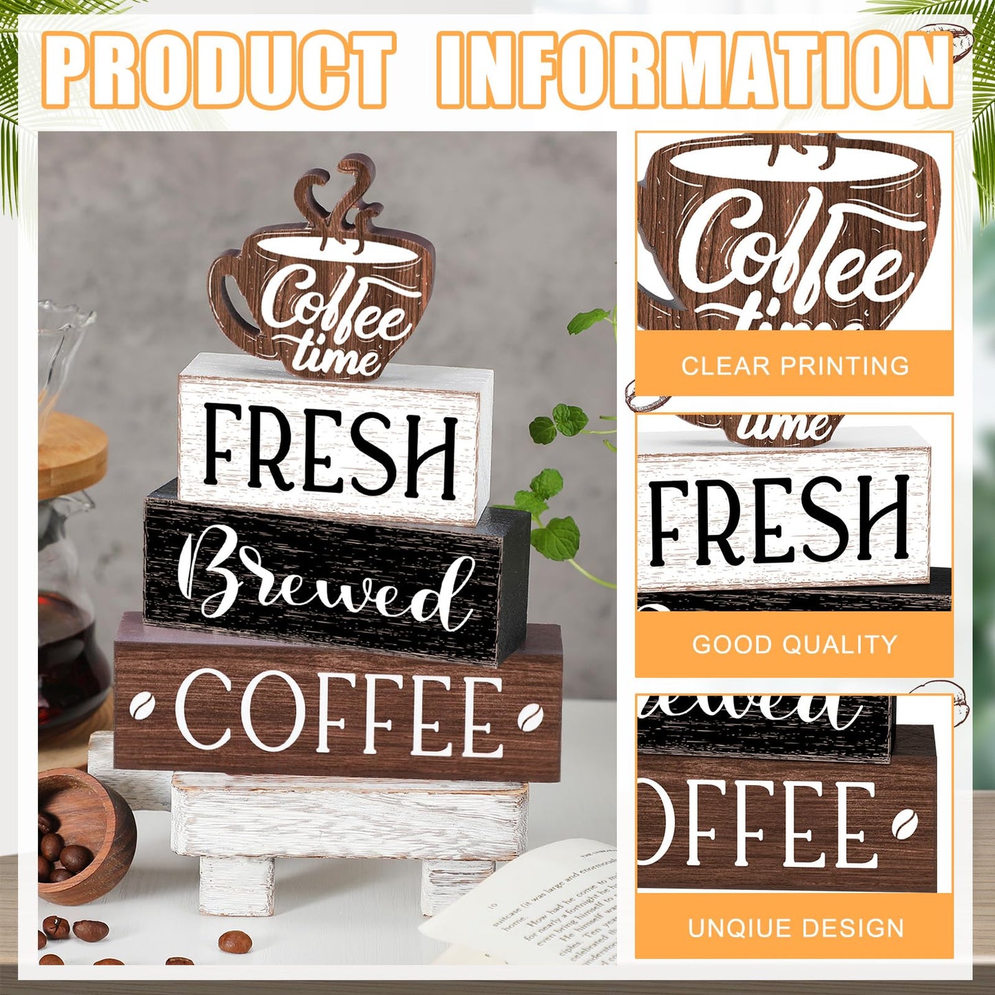 Cinnvoice Farmhouse Coffee Bar Accessories Decorations Rustic Coffee Wood Sign Cafe Table Centerpieces Rustic Cafe Bar Decorations for Home Kitchen Shelf Desk Tiered Tray Decor