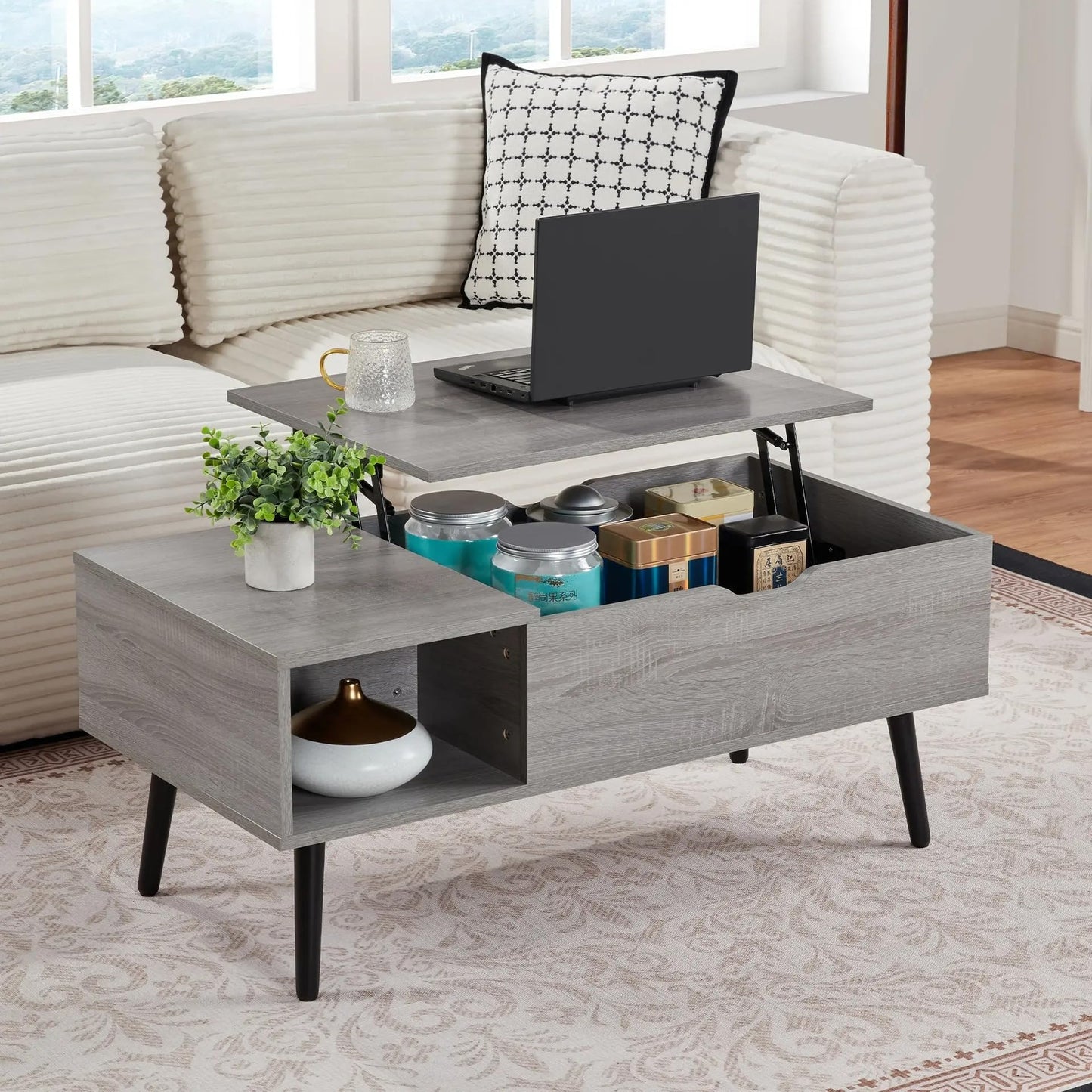 SANODESK 39" Wood Lift Top Coffee Table with Hidden Compartment and Storage Shelf for Living Room, Reception Room, Grey