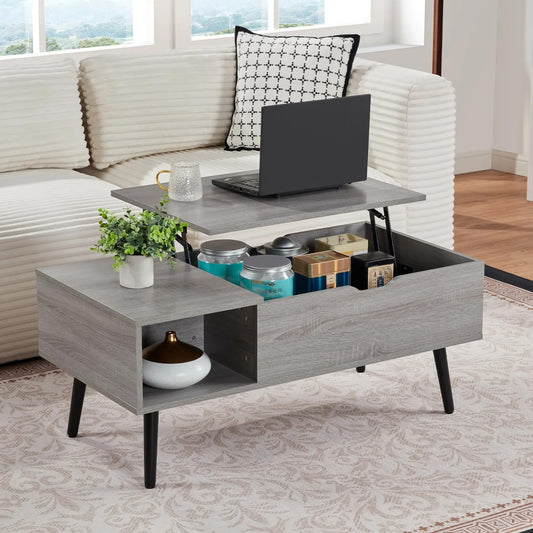 SANODESK 39" Wood Lift Top Coffee Table with Hidden Compartment and Storage Shelf for Living Room, Reception Room, Grey