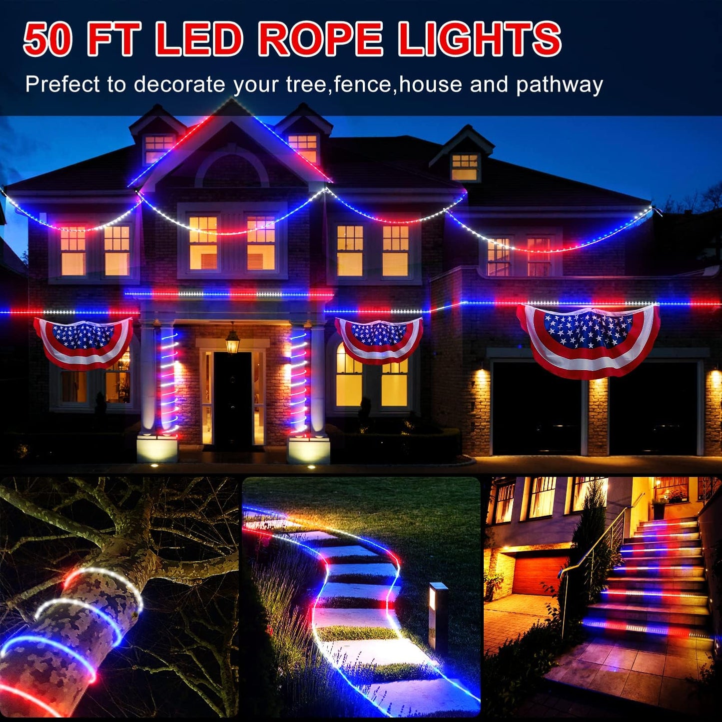 4th of July Decorations outdoor Lights, 50ft 600LED Red White and Blue Rope Lights Patriotic Rope Lights Plug in 8 Modes Remote Timer with Memory for Independence Day Memorial Day National Day