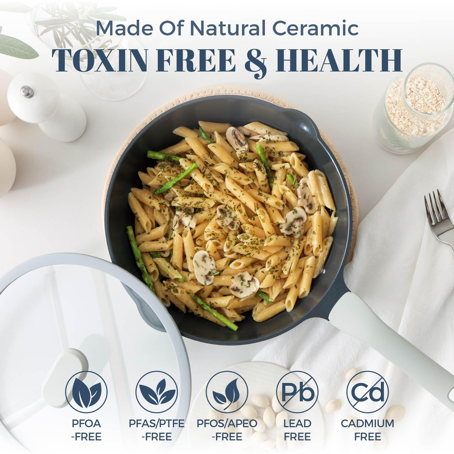 PRICUSIS Ceramic Nonstick Deep Saute Pan with Lid, 10/12 Inch Non Toxic Pans with Double Pour Spout, Helper Handle and Lid, Metal Utennsil Safe, Dishwasher Safe, (10 Inch, Gray)