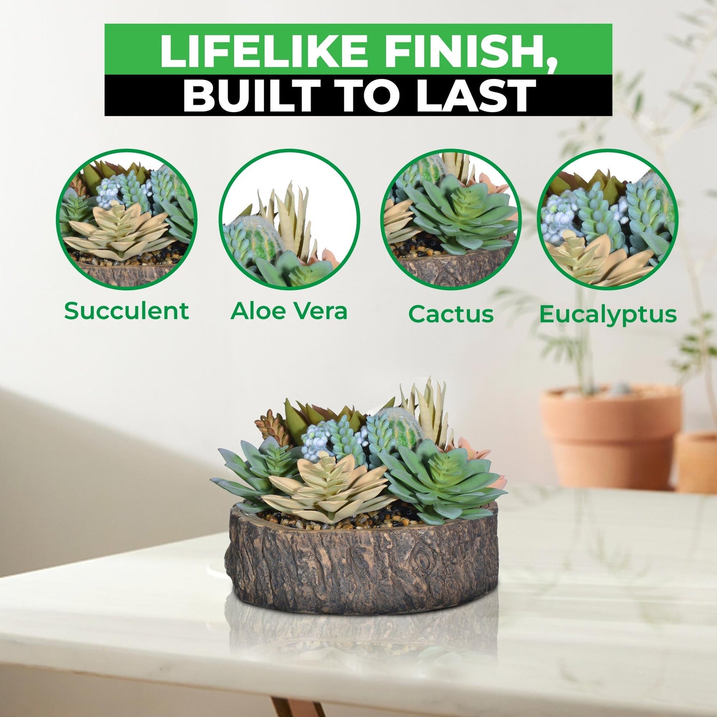 Hisow Premium Assorted Artificial Succulent Collection - Large Real Touch Artificial Cactus, Aloe Vera & Succulent Plants Artificial with Pots for Home Office Indoor (Artificial Tree Stump - Pot)
