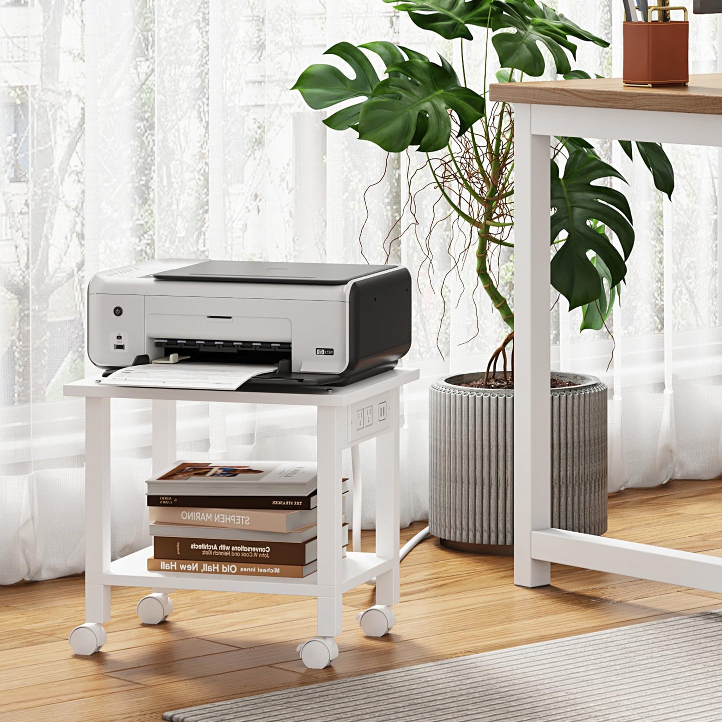 TUTOTAK 2 Tier Printer Stand, Rolling Printer Cart with Power Outlets and USB Ports, Mobile Printer Table with Wheels, for Under Desk, Office, Home, White PS01BW001