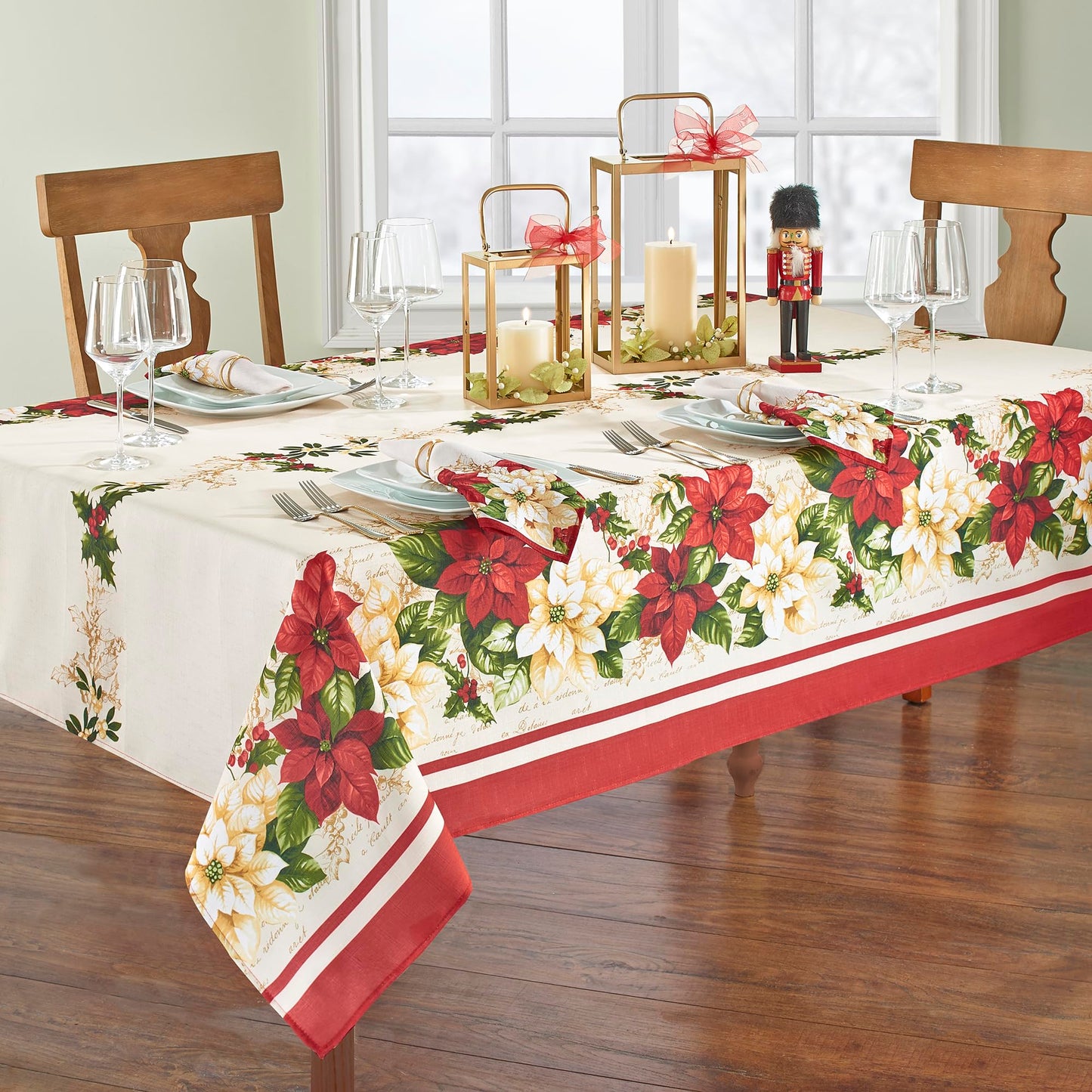 Elrene Home Fashions Red and White Poinsettia Holiday Fabric Wrinkle Resistant Tablecloth, 60" x 120", Multi