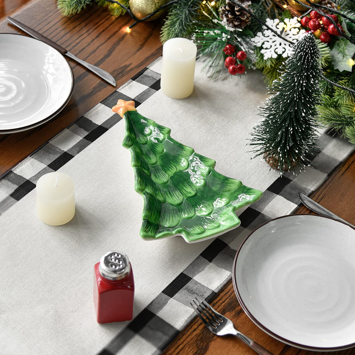 Artoid Mode Waterclor Buffalo Plaid Christmas Trees Merry Xmas Table Runner, Seasonal Winter Holiday Kitchen Dining Table Decoration for Indoor Outdoor Home Party Decor 13 x 72 Inch