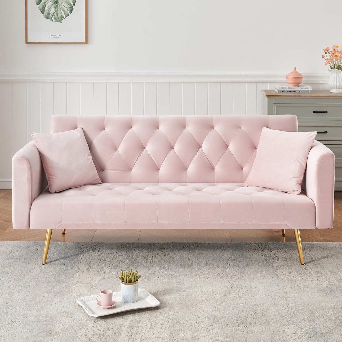 71" Modern Velvet Sofa Bed Futon, Convertible Sleeper Couch with Adjustable Backrest, Tufted Recliner Loveseat with Golden Chrome Legs & 2 Pillows for Small Spaces, Living Room, Apartment (Pink)