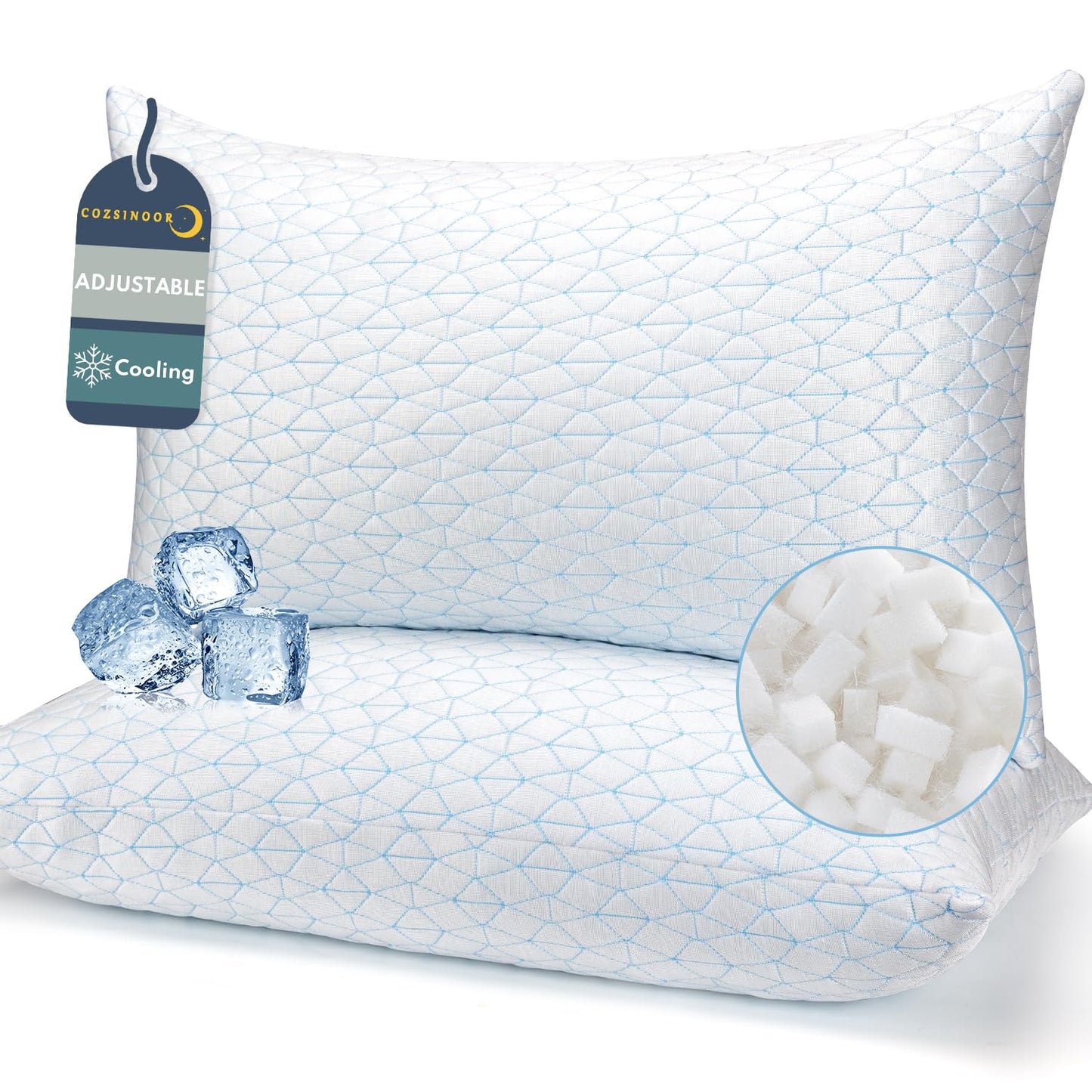 COZSINOOR Cooling Pillows Queen Size Set of 2 for Sleeping - Adjustable Shredded Memory Foam Pillows 2 Pack, Cool Bed Pillows for Back, Side and Stomach Sleepers, Gel Pillow Removable Cover Washable