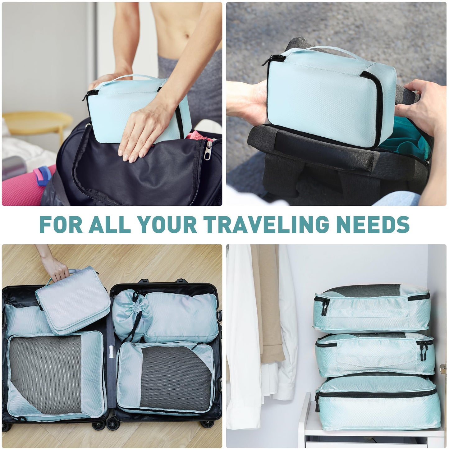 Toncoke 8 Set Packing Cubes for Travel Women Men Kids, Mesh Suitcase Organizer Bags Set for Luggage, 4 Sizes Extra Large, Large, Medium, Small, Travel Camping Essentials Accessories, Lake Blue