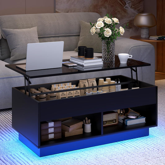 LED Coffee Table Black Lift Top Coffee Table with Storage Modern Tea Table with Hidden Compartment Lift Up Dining Center Table with LED Light for Living Room Home Office