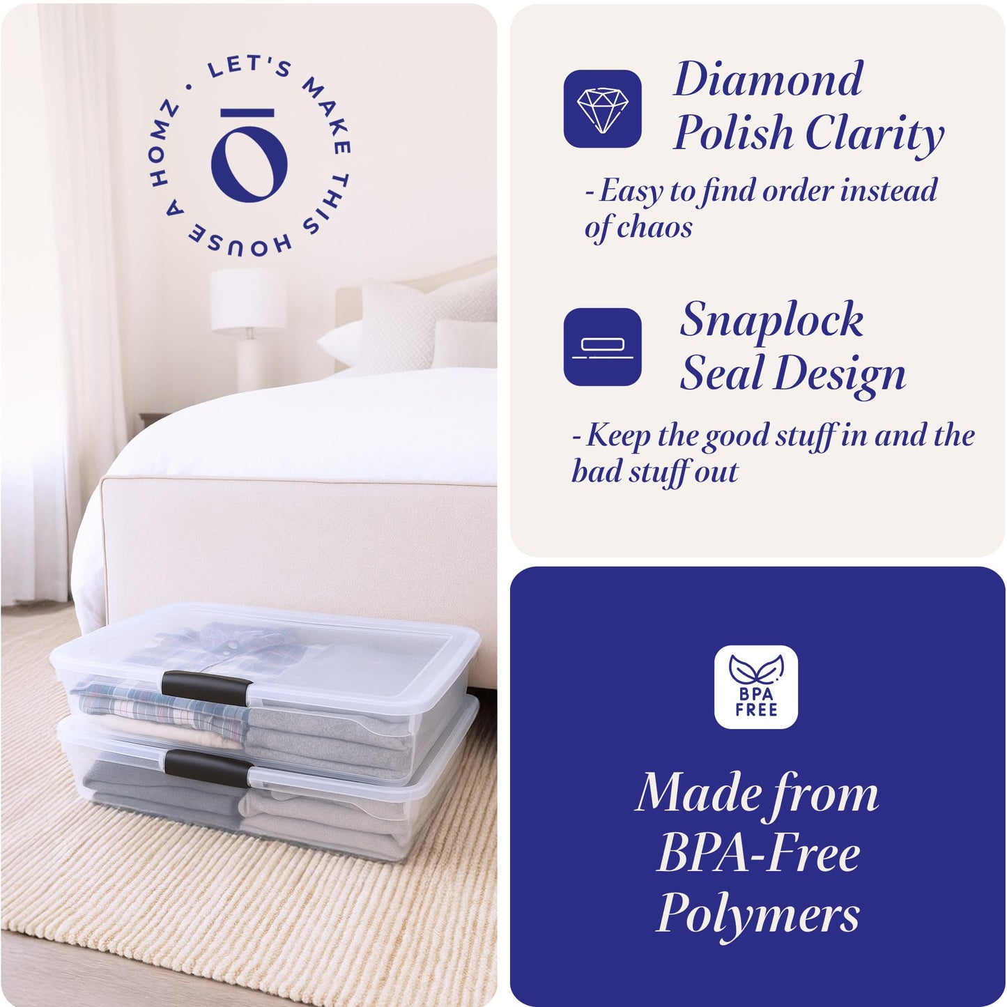 HOMZ 2-Pack Under Bed Storage, Clear Plastic Containers with Lids, 56 Quart, Gray Latch - Stackable Underbed Organizer Bins for Shoes, Bags, Clothes, and Towels