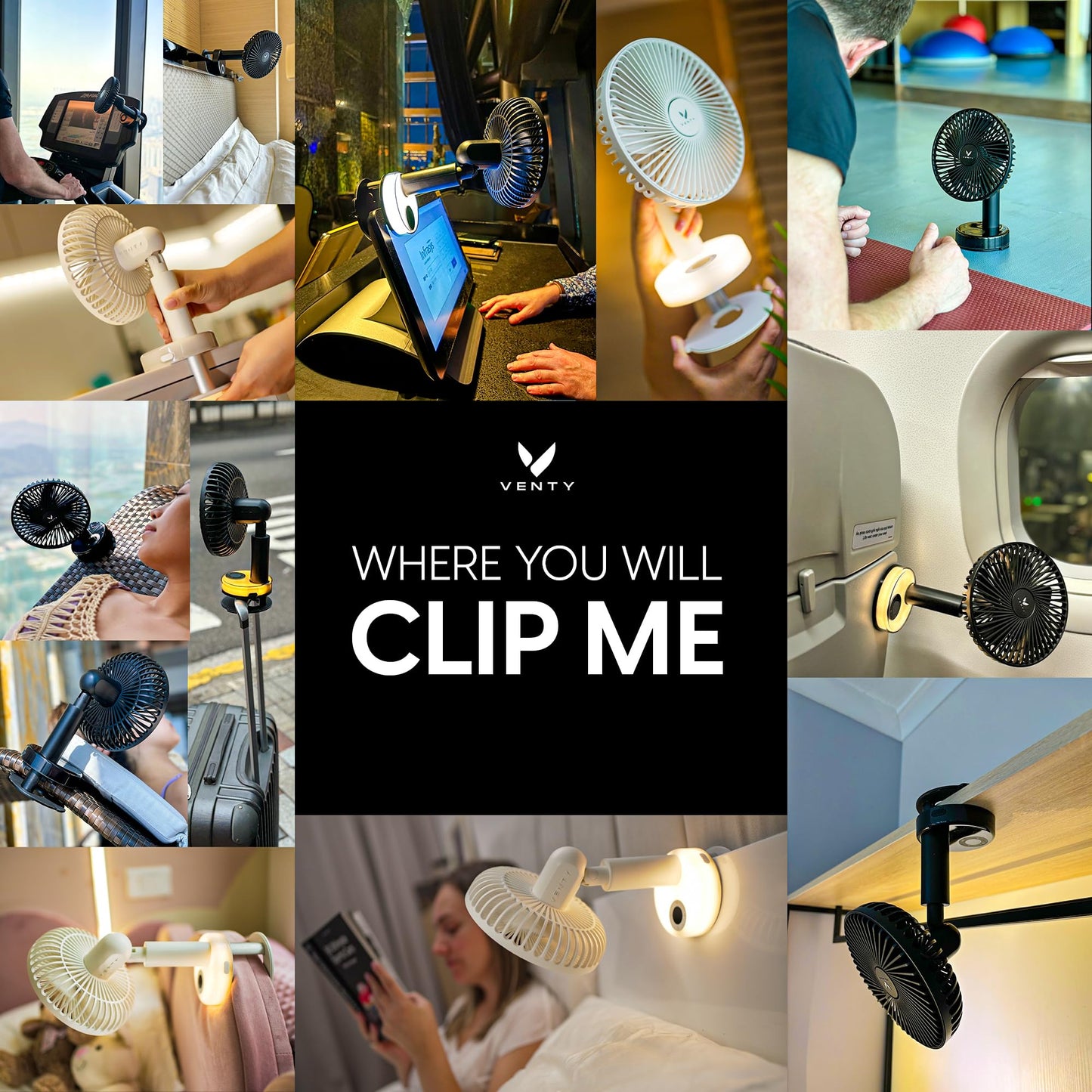 VENTY Portable Clip Fan - Rechargeable 10-Hour Battery Portable Fan - 360° Rotation & 90° Tilt - Stroller, Desk or Bedside - Aromatherapy & LED Light - USB-C Rechargeable Clip On