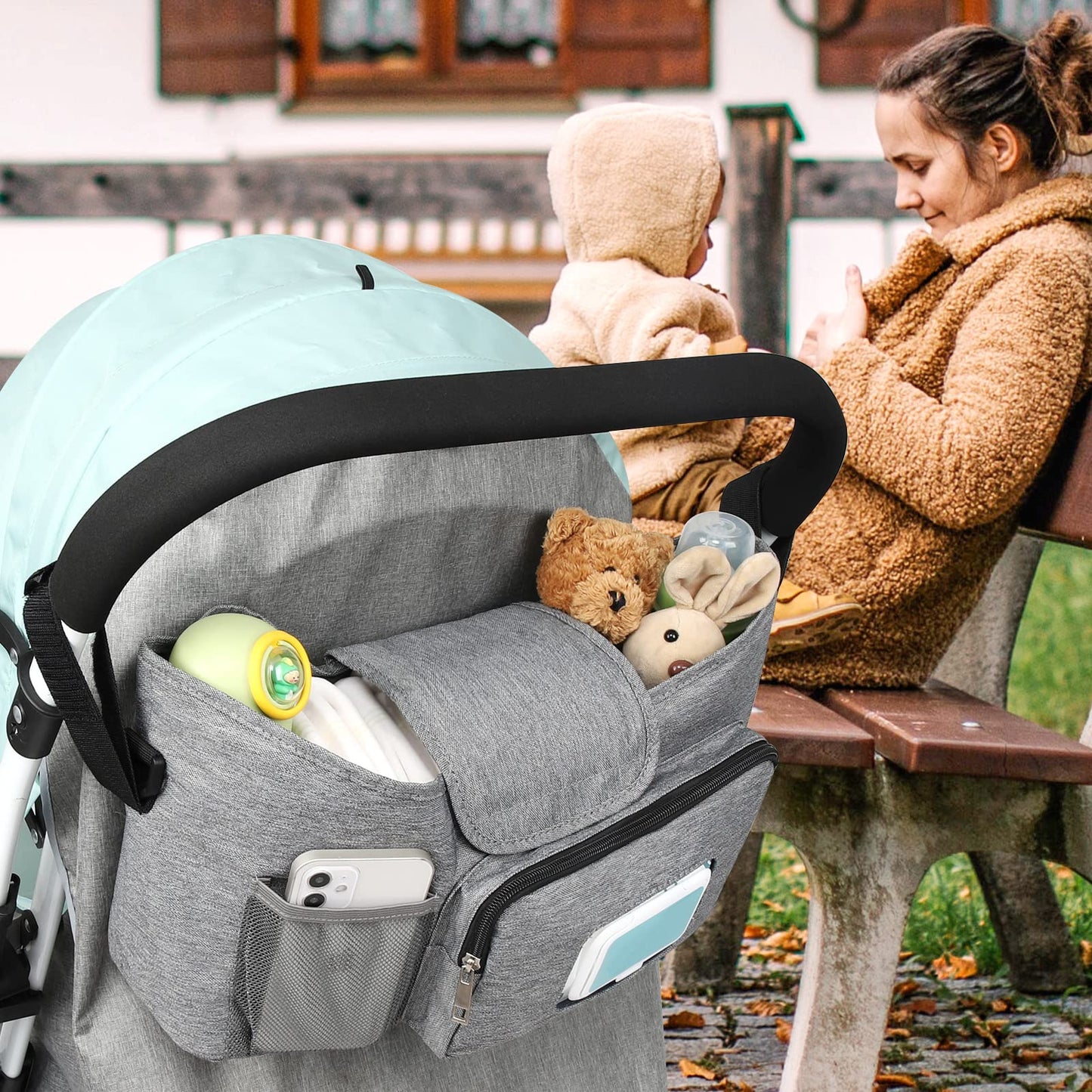 Accmor Universal Stroller Organizer with Insulated Cup Holder, Stroller Caddy Bag Accessories, Stroller Cup Holder Organizer for Uppababy Baby Jogger Britax Stroller, Grey