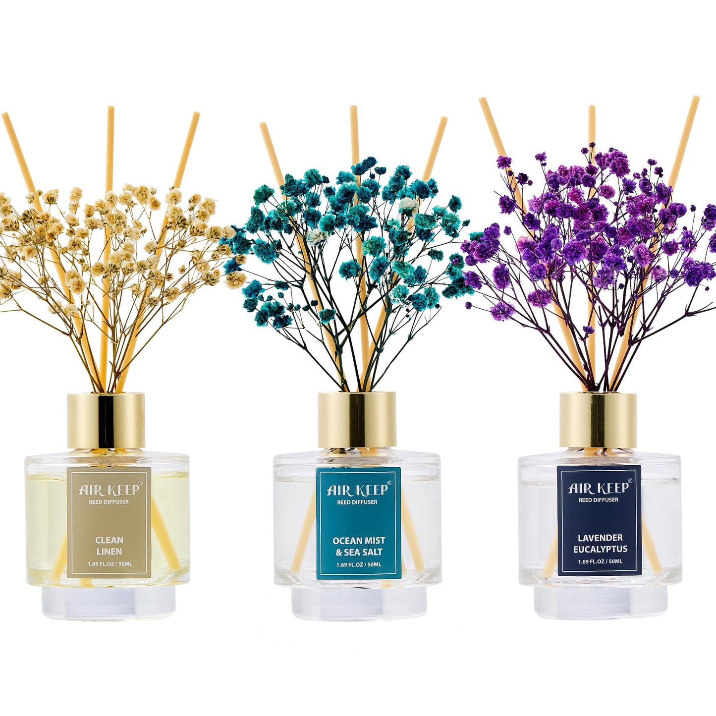 Airkeep Reed Diffuser Set of 3,Clean Linen Ocean Mist&Sea Salt Lavender Eucalyptus Oil Reed Diffusers for Bedroom Living Room Office Aromatherapy Oil Reed Diffuser for Gift 50ml x 3