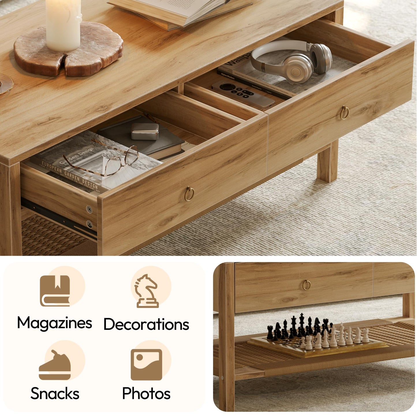 Dowinx Boho Coffee Table with Storage, 42" Wood Coffee Table for Living Room, 2 Storage Drawers and Open Rattan Shelf, Rectangular Living Room Coffee Tables Oak