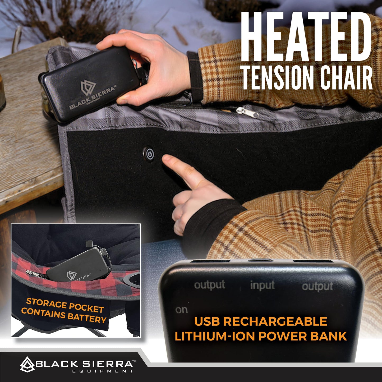 Black Sierra Heated Camping Chair with Battery – XL Fleece Foldable Seat, 3 Heat Settings, Heavy-Duty Steel Frame Supports 300 lbs – Portable, Lightweight for Camping, Sports, Patio, Events