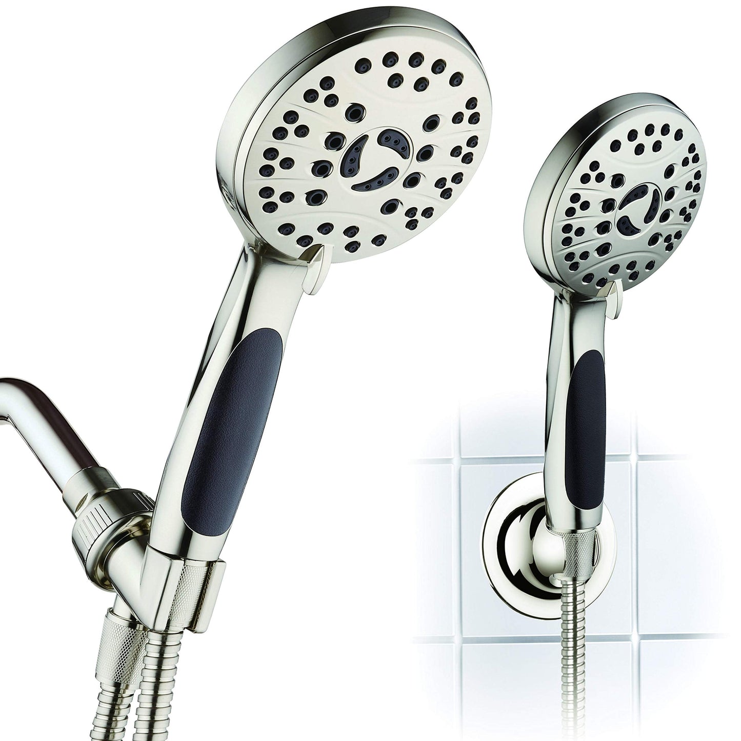 AquaSpa for California - High Pressure 6-setting Luxury Handheld Shower Head, 6 Ft Stainless Steel Hose, Anti Clog Jets, Anti Slip Grip, Top US Brand, Extra Wall Bracket - Brushed Nickel Finish