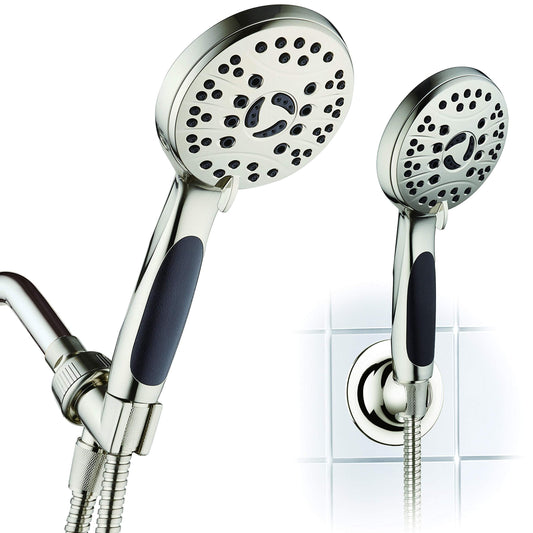 AquaSpa for California - High Pressure 6-setting Luxury Handheld Shower Head, 6 Ft Stainless Steel Hose, Anti Clog Jets, Anti Slip Grip, Top US Brand, Extra Wall Bracket - Brushed Nickel Finish