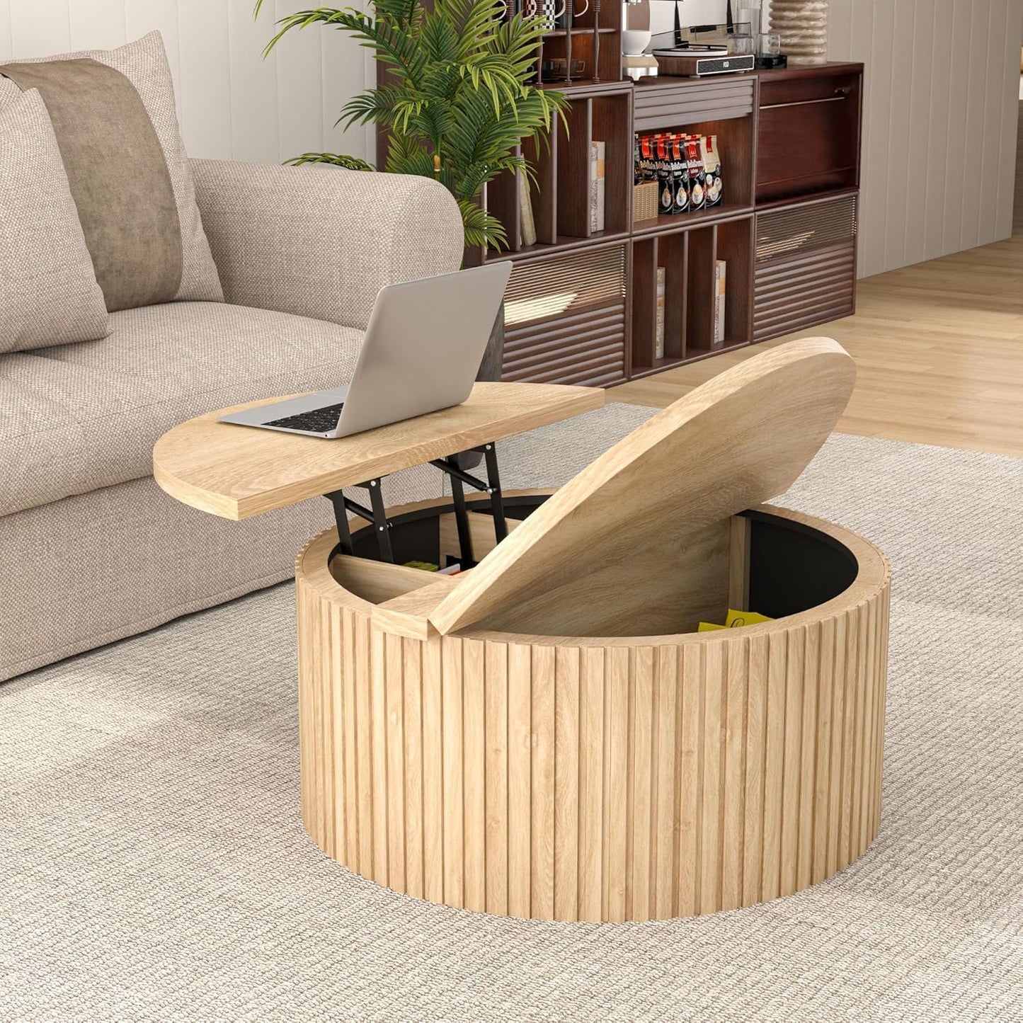 Fsbecl Lift Top Coffee Table with Storage, Round Coffee Tables for Living Room, 34.6'' Farmhouse Fluted Coffee Table, Wood Center Table with Large Hiddern Storage Compartment (Wood Color)