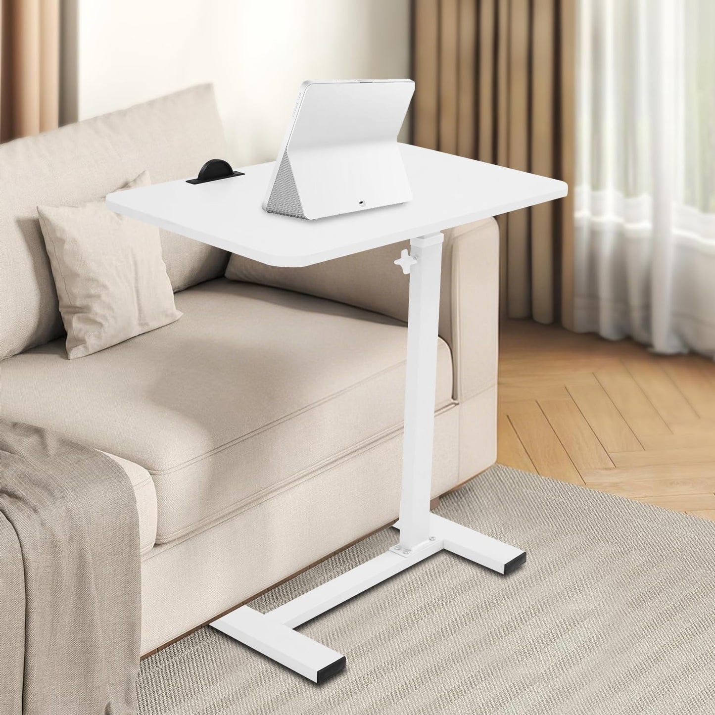 Adjustable Overbed Side Table with Wheels, C Shaped Laptop Desk, Mobile Standing Computer Tray Tables, Rolling 180°Swivel Top Flip Laptop Stand Table for Sofa and Bed, Home Office Use (White)