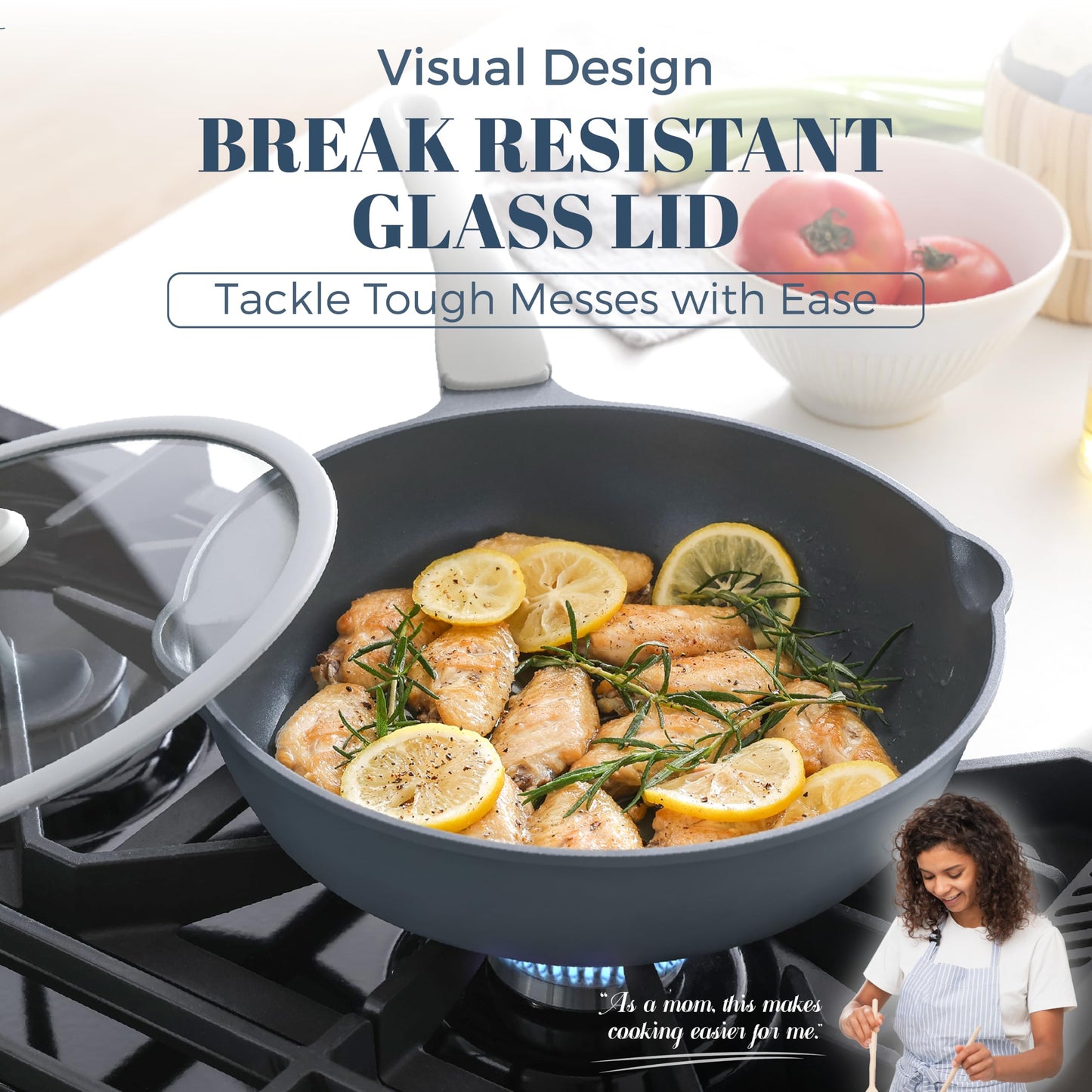 PRICUSIS Ceramic Nonstick Deep Saute Pan with Lid, 10/12 Inch Non Toxic Pans with Double Pour Spout, Helper Handle and Lid, Metal Utennsil Safe, Dishwasher Safe, (10 Inch, Gray)