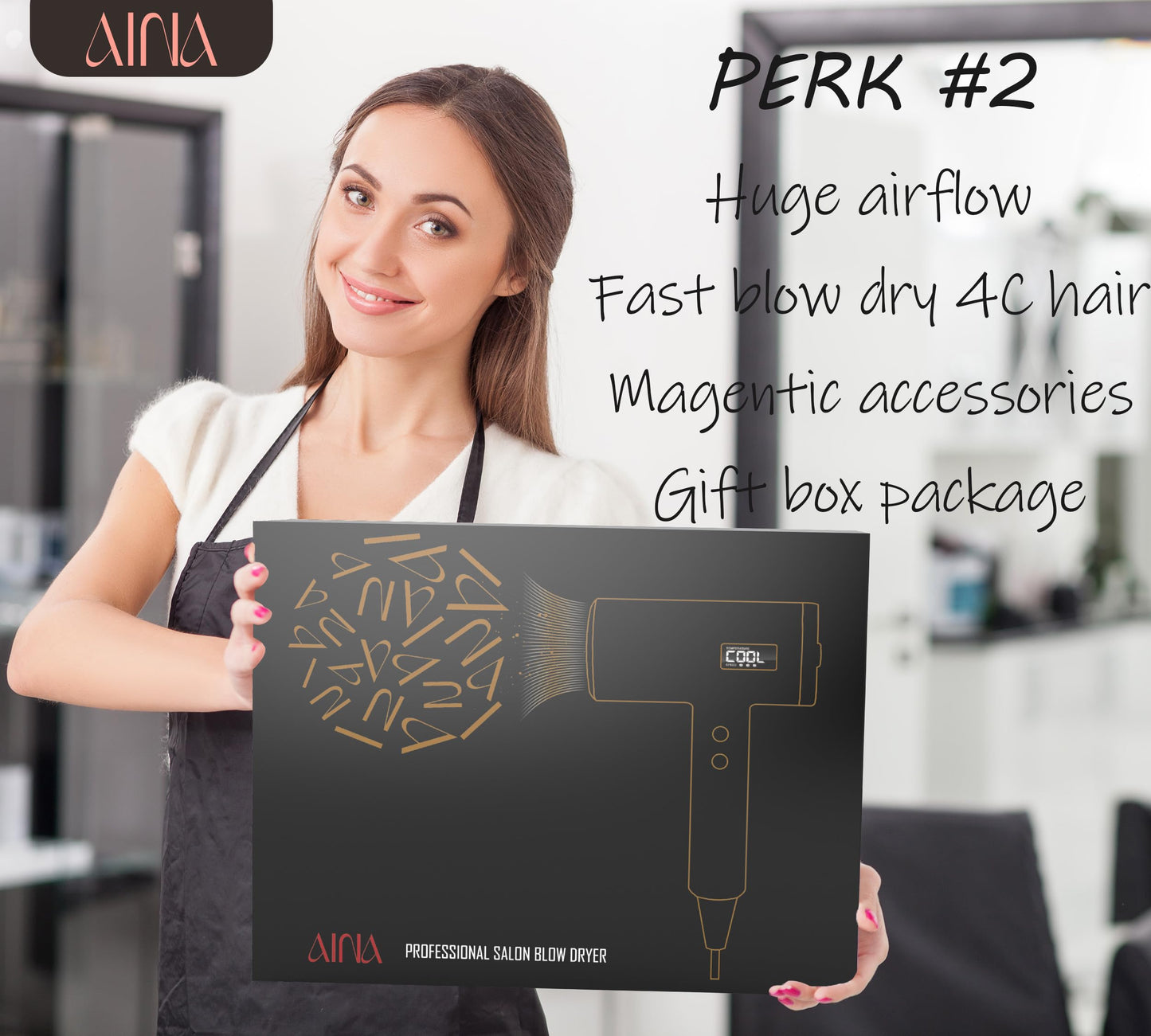 AINA Professional Salon Hair Dryer,2000W Blow Dryer with Diffuser Brush Comb for Women-BLDC Hair Dryer-Brushless Motor 150,000 RPM,Ionic,LED Display,4 Magnetic Attachments 110V/ALCI (Baby Pink)