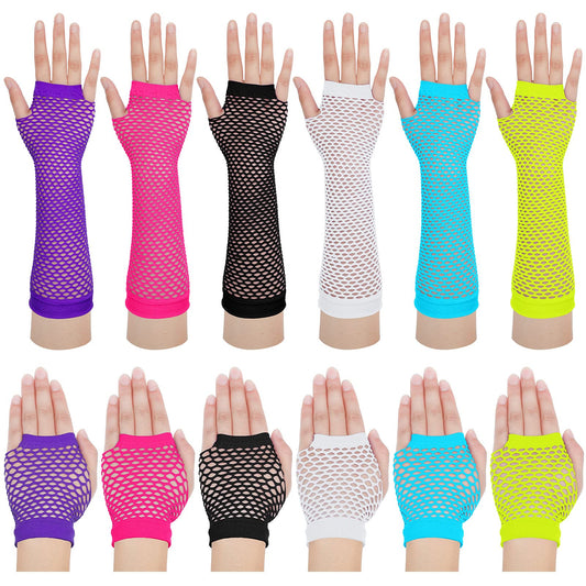 SATINIOR 12 Pairs 80s 90s Fishnet Mesh Glove for Women Neon Fingerless Long Short Gloves for Halloween Party Cosplay Costume