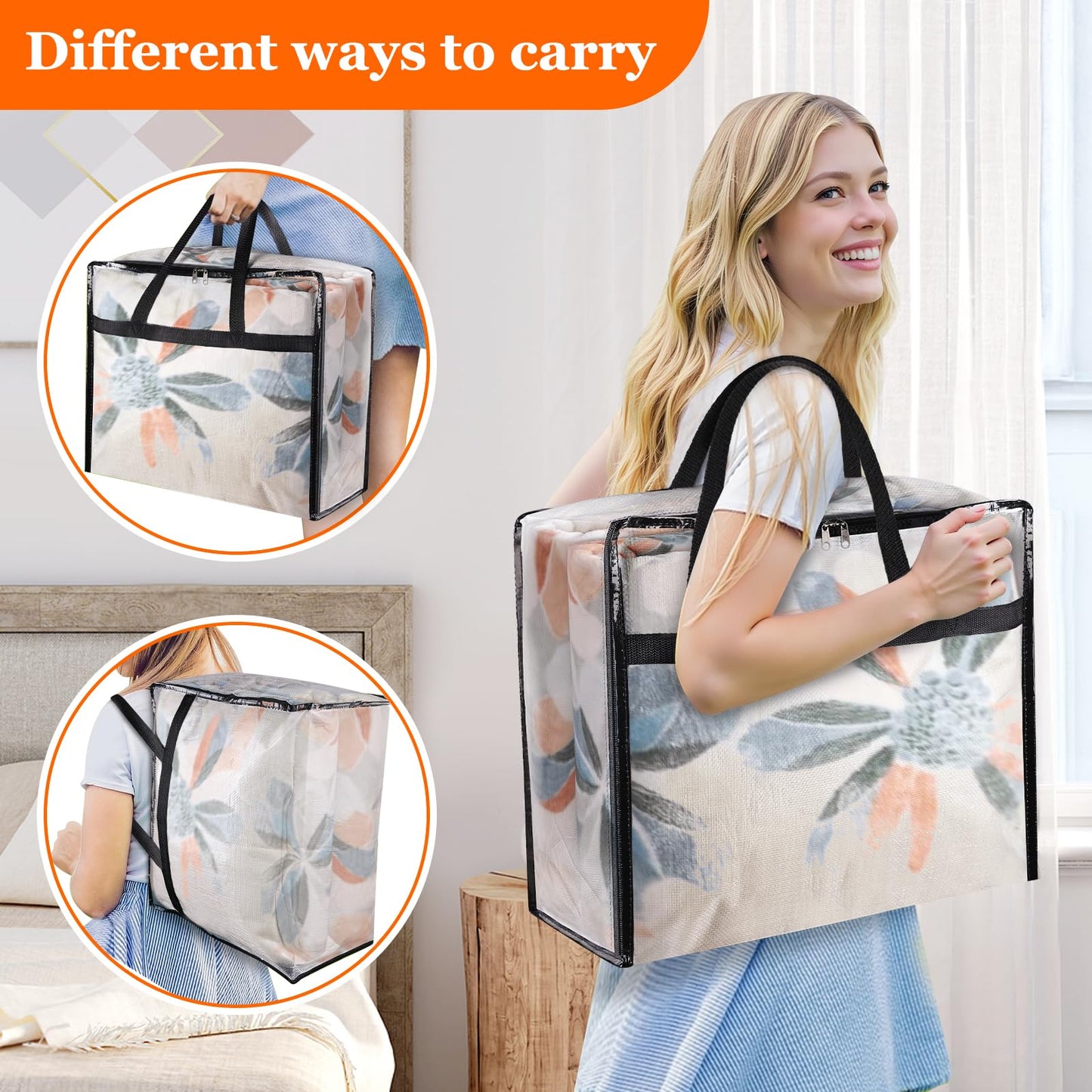 TasticTotes 6 Pack Clear Storage Bags for Comforter, Clothes & Bedding, Plastic Blanket Storage with Zipper and Handle, Moving Bags, Closet Organizer and Under-Bed Storage (90L)