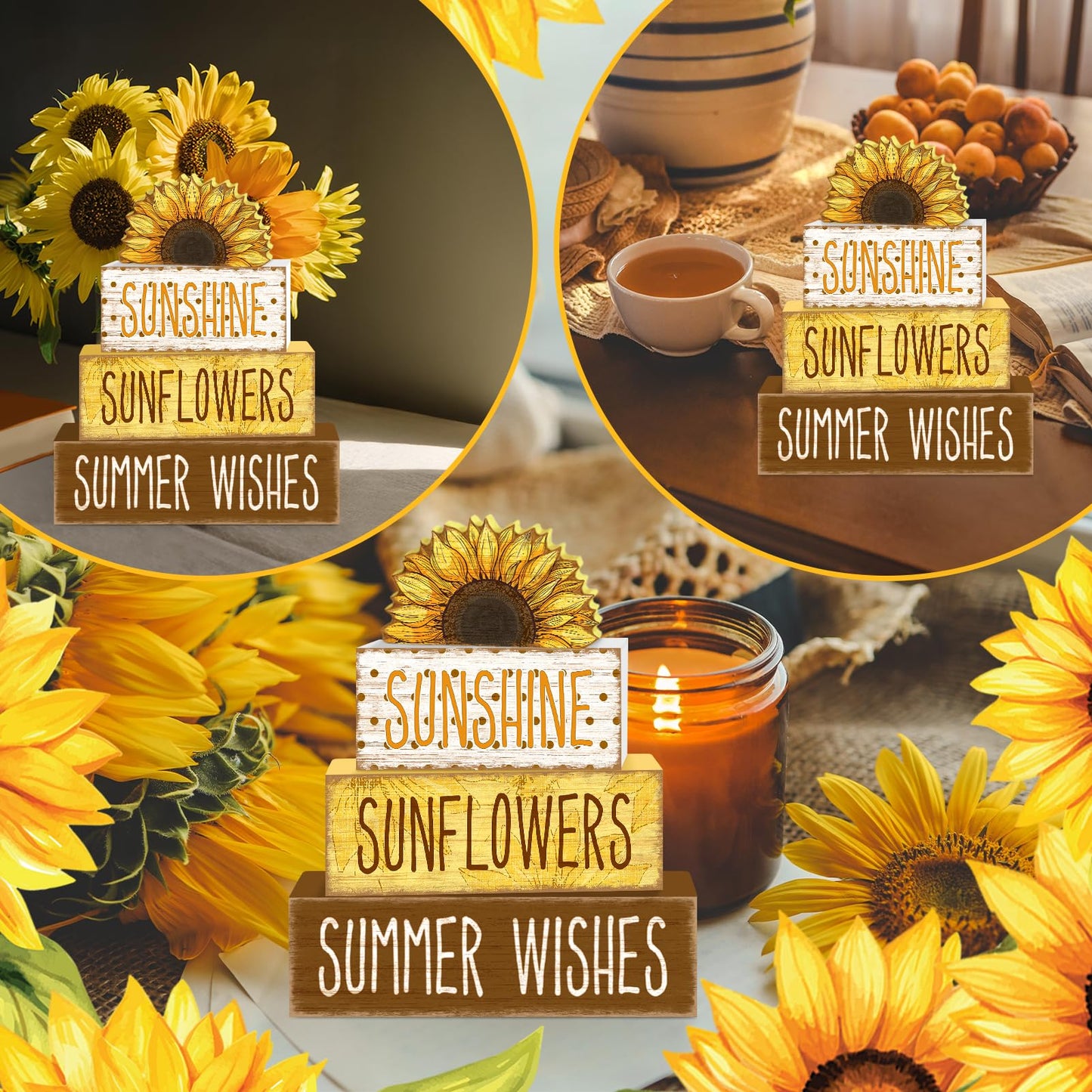 TOMPOP 4 Pcs Summer Tiered Tray Decorations Set Sunflower Stack Block Signs Sunshine Farmhouse Rustic Table Tiered Tray Décor for Table & Home Office (Half-Sunflower Style)