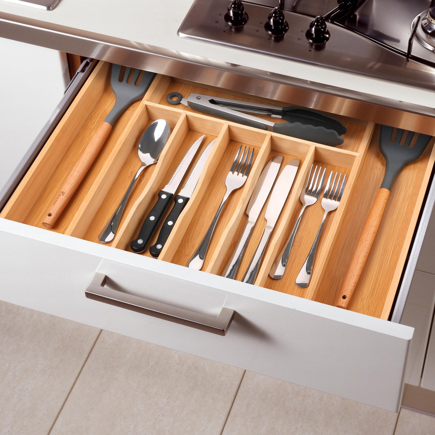 oridom Large Premium Bamboo Silverware Organizer - Expandable Drawer Organizer & Utensil Organizer - 17"x19.7" Cutlery Tray with Dividers for Kitchen Utensils and Flatware (7-9 Slots) (Natural)