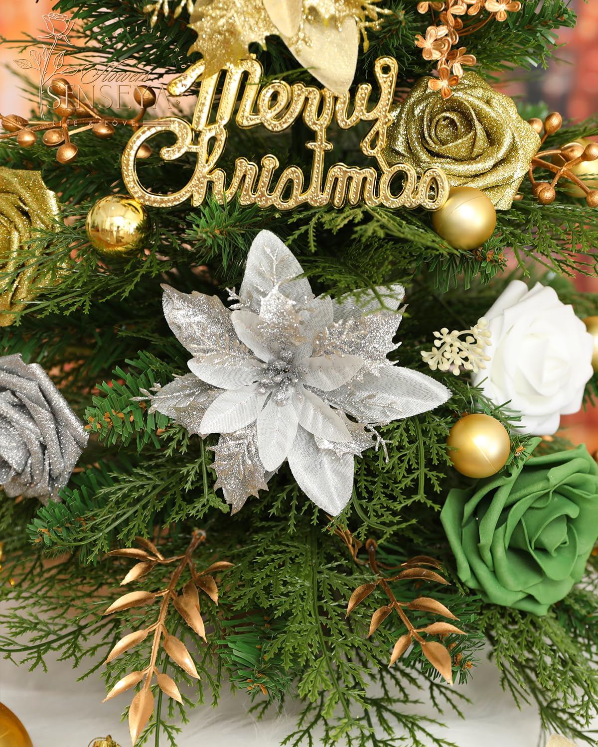 Senseya Artificial Christmas Flowers Poinsettia Combo Set, Mix Silk Flowers Fake Roses with Stems, for DIY Tree Ornaments Xmas Wreath Floral Arrangements Centerpieces Home Christmas Decorations