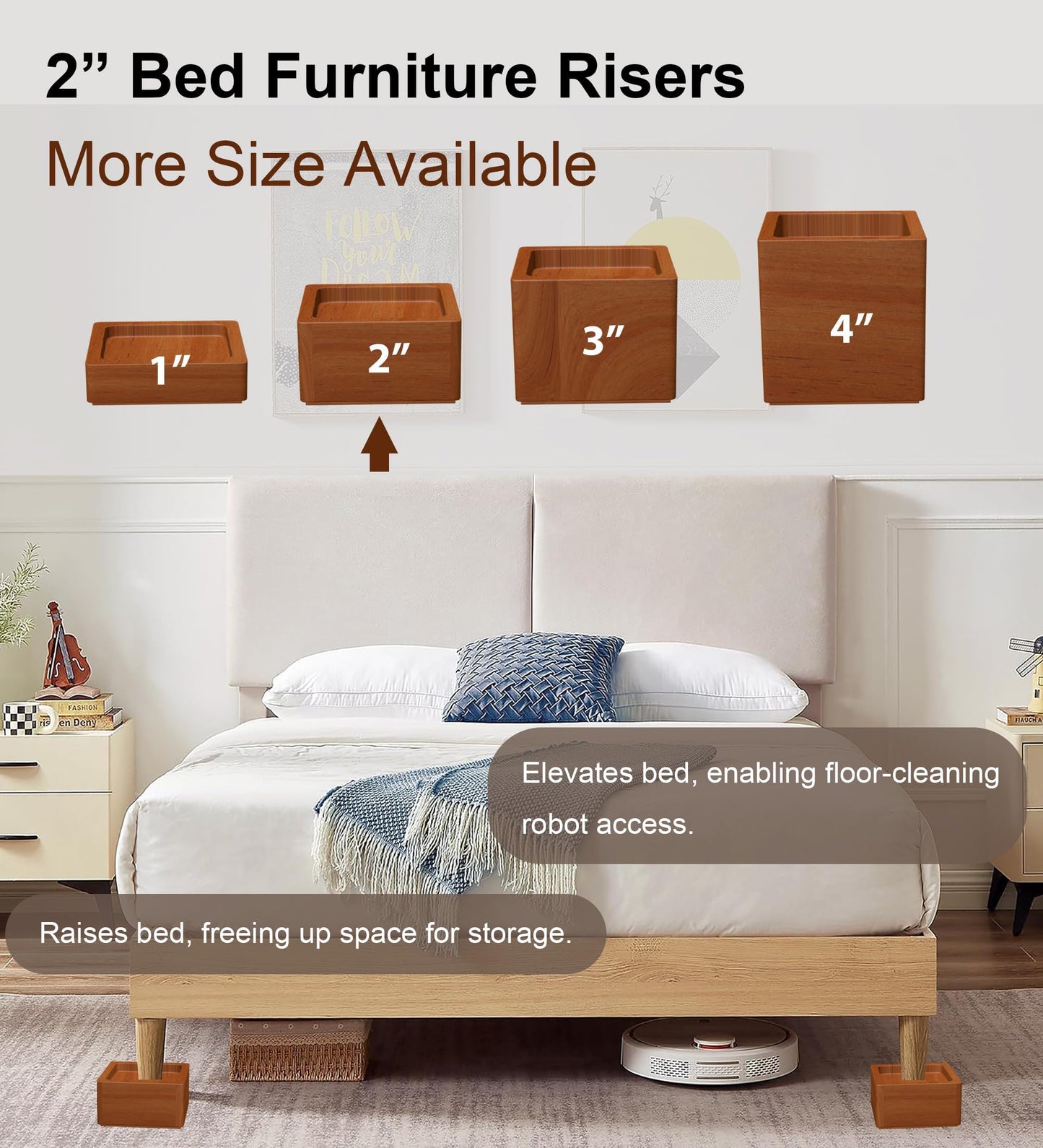 Lufia Wood Bed Furniture Risers 2 Inch, Solid Pine Wood Furniture Risers: Enhance Durability, Comfort, and Style with Effortless Installation and Added Functionality