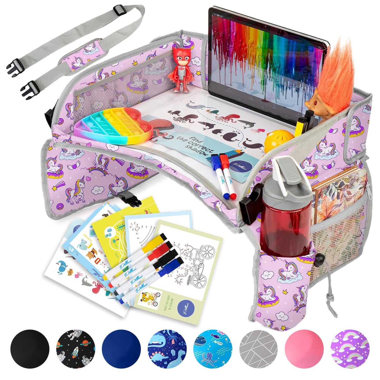 PILLANI Kids Travel Tray for Car - Car Seat Tray for Kids Travel, Road Trip Essentials - Carseat Table for Roadtrip Activities - Must Have Toddler Lap Desk Organizer for Airplane - Car Accessories