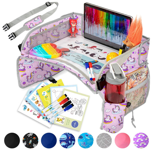 PILLANI Kids Travel Tray for Car - Car Seat Tray for Kids Travel, Road Trip Essentials - Carseat Table for Roadtrip Activities - Must Have Toddler Lap Desk Organizer for Airplane - Car Accessories