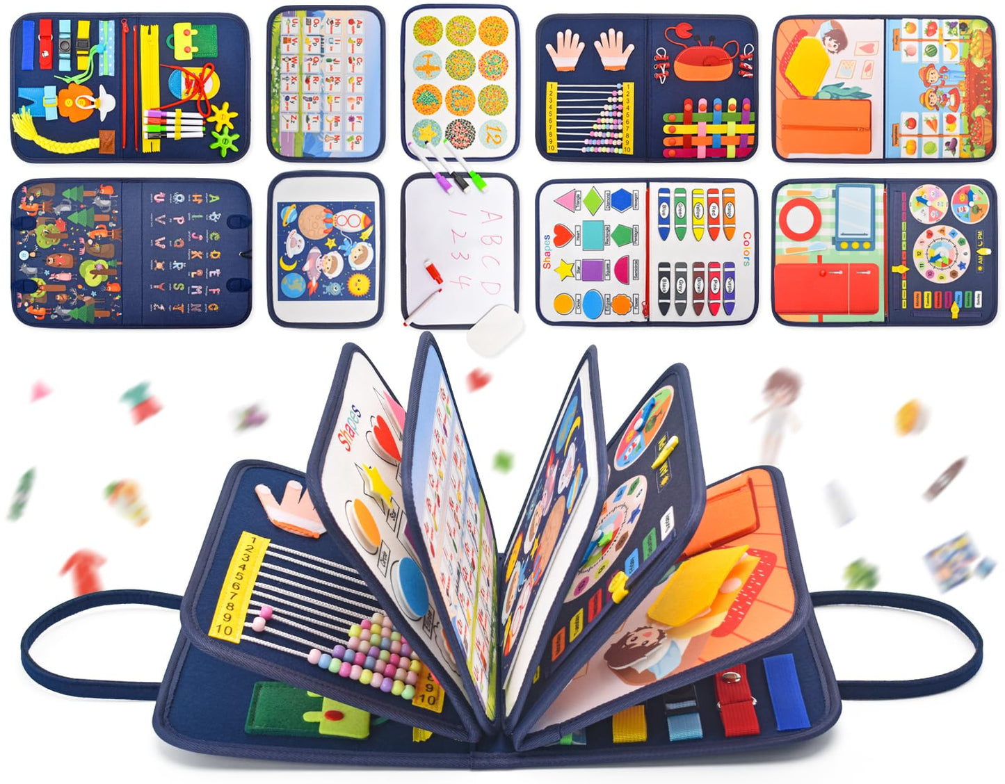 16 Pages Busy Board for Toddlers 1-3,Montessori Travel Toy for Plane/Car,Educational Sensory Toy for Toddlers 2-4,Preschool Activities Board for Developing Fine Motor Skills,Gift for Boys/Girls