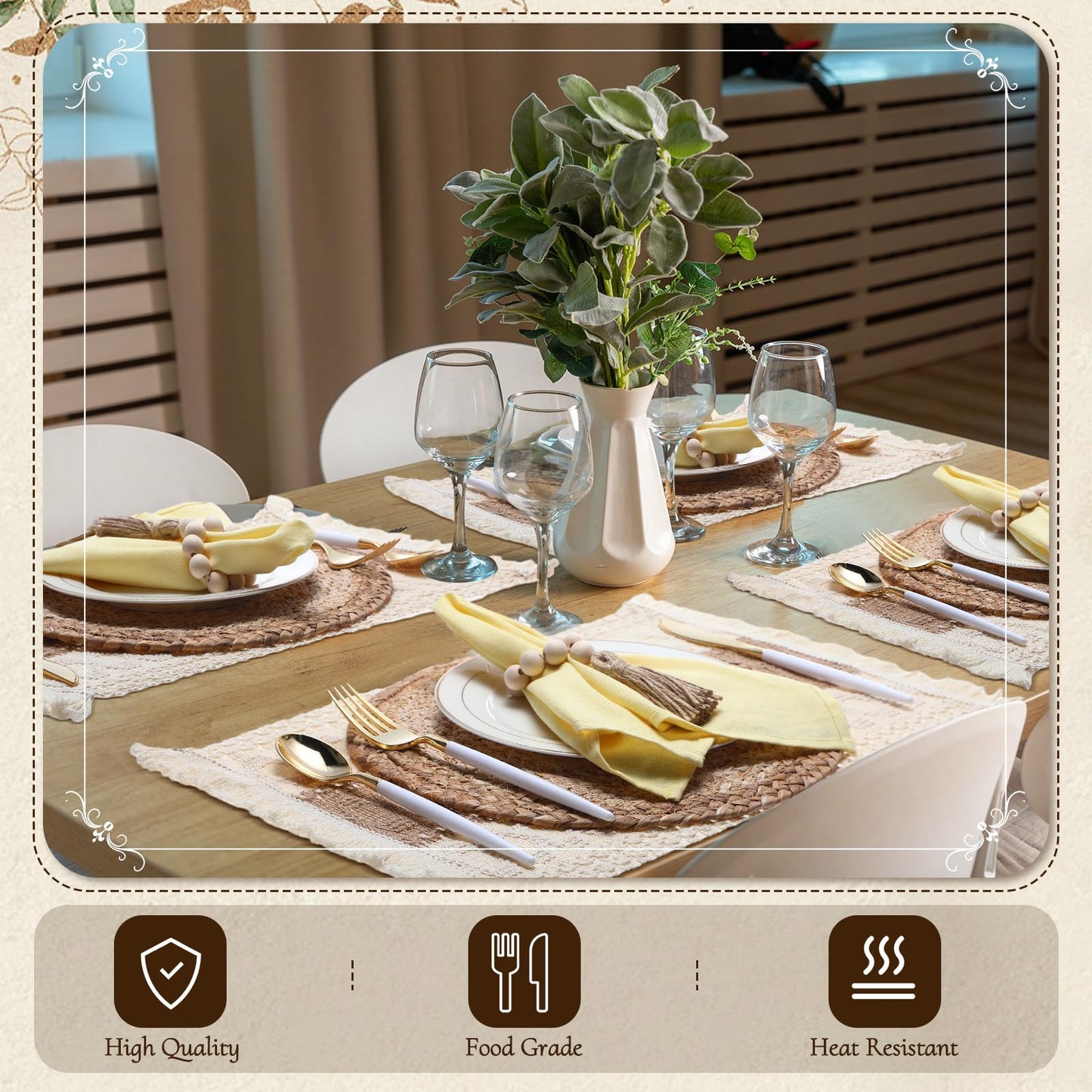 Zhehao 4 Set/12 Pcs Boho Placemats Natural Cotton Burlap and Grass Woven Table Mats Trim Farmhouse Style Placemats with Tassels Wooden Beads Napkin Rings for Table Kitchen