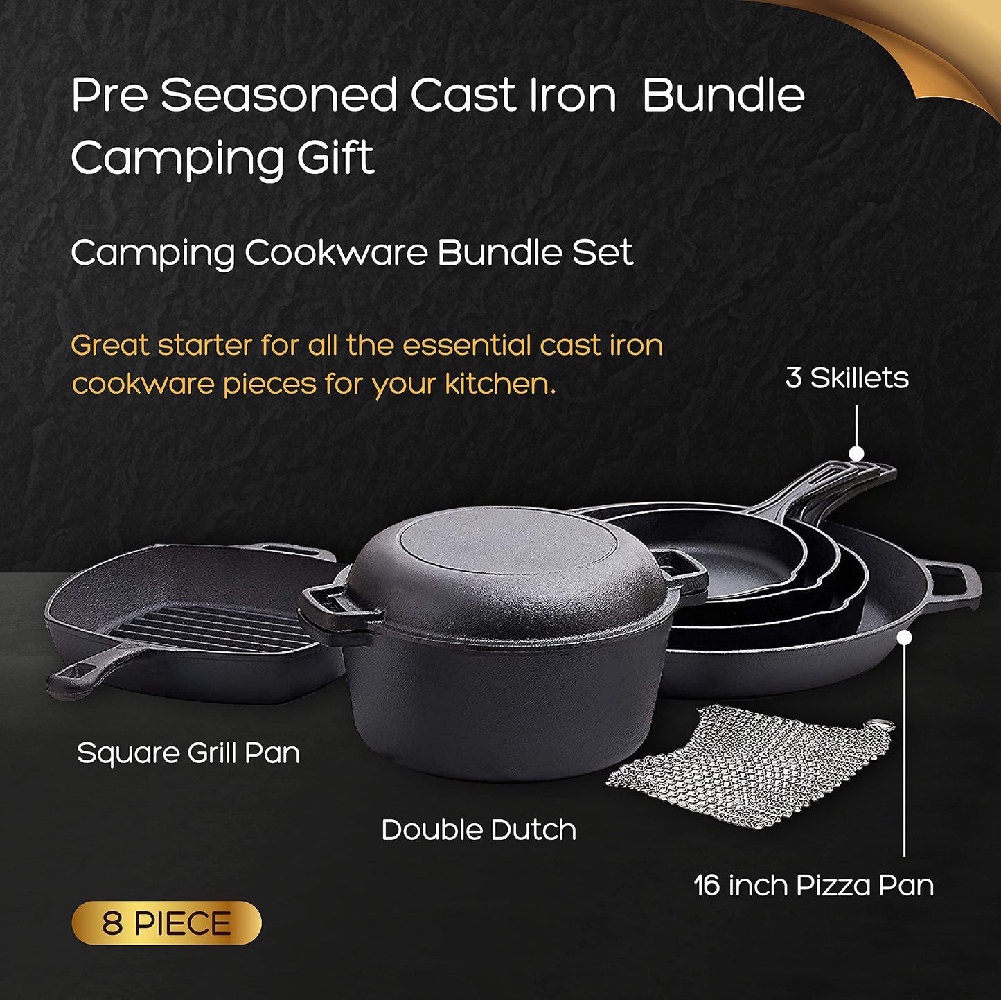 Bruntmor Pre-Seasoned Cast Iron Cookware Set - 8-Piece Bundle with Skillets, Grill Pan, Dutch Oven, Pizza Pan, and Utensils - Durable Pots and Pans Set for Cooking - Ideal Gift for Home or Camping