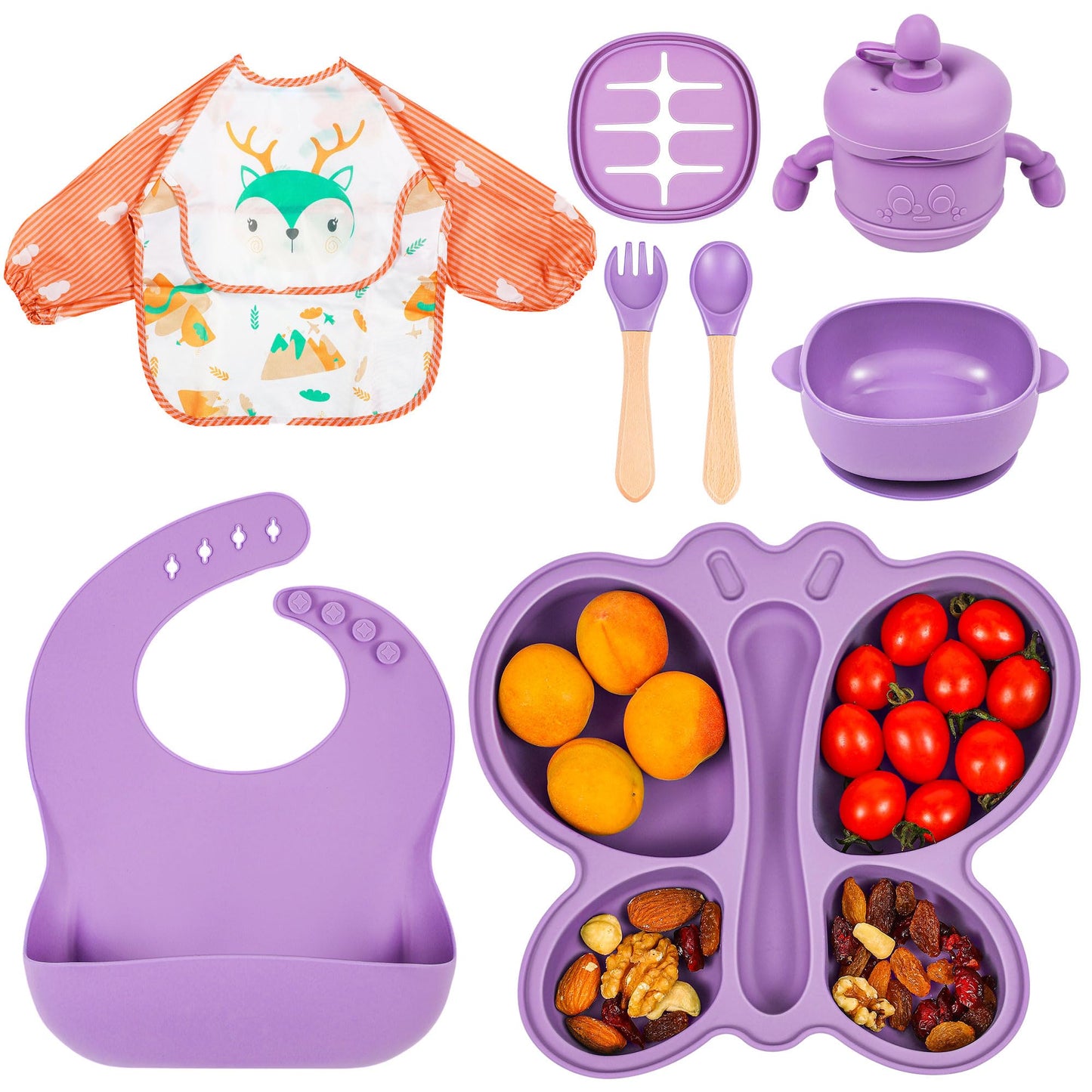 Silicone Baby Feeding Set, Baby Led Weaning Supplies, Silicone Suction Butterfly Plate, Bowl, Spoons, Fork and Waterproof Bib & Cloth Bib, Eating Utensils Baby Feeding Essentials (Purple)