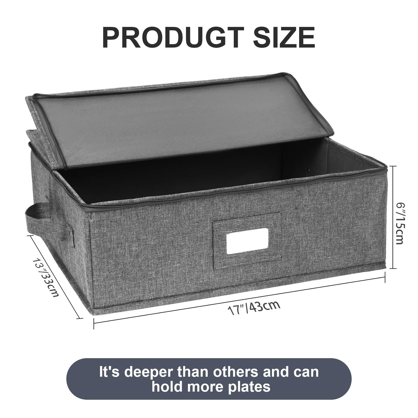 Platter Storage Case, China Storage Containers Hard Shell 17" x 13" x 6", 5 Felt Dividers Included, Structured Top and Stackable (Linen Grey)