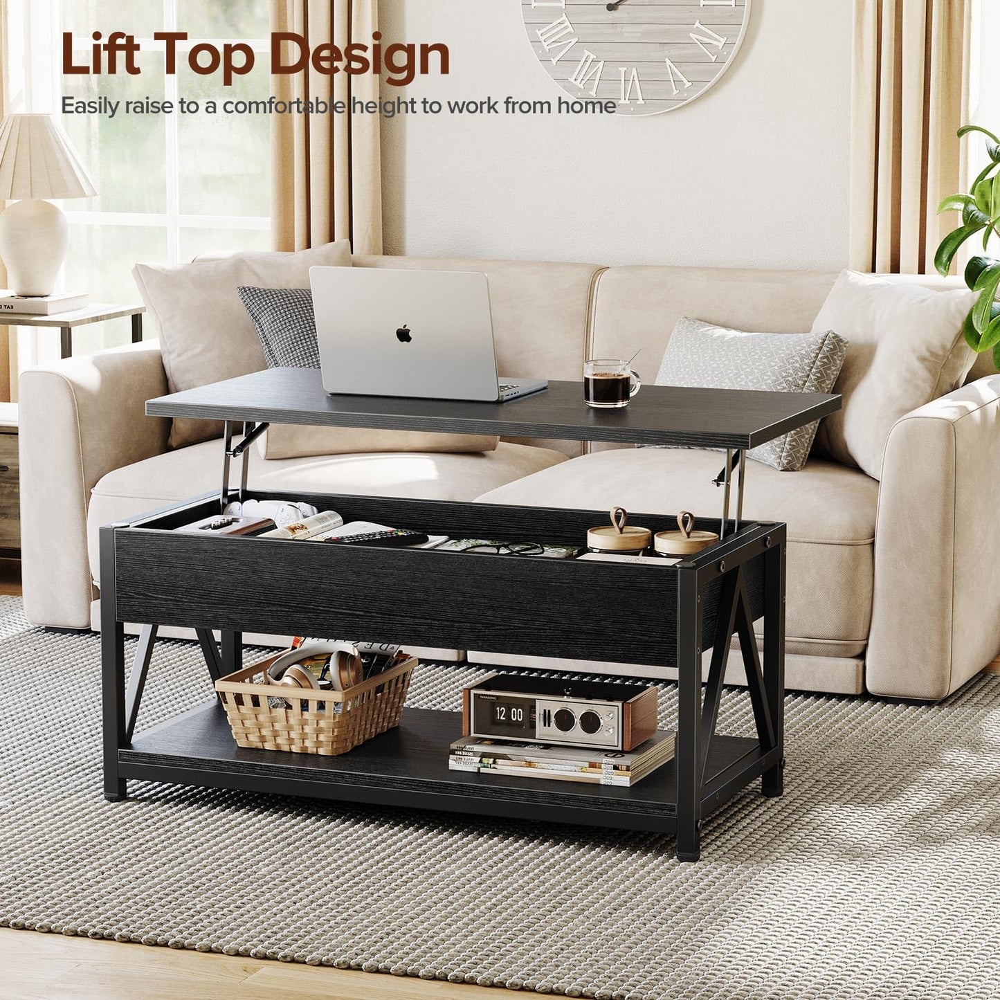Memobarco Lift Top Coffee Table with Storage Shelf and Hidden Compartment for Small Spaces, Black