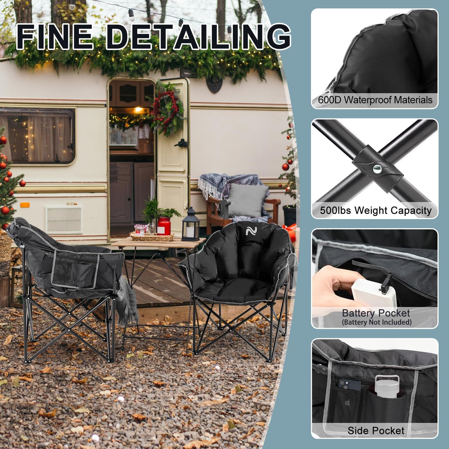 MOPHOTO Heated Camping Chair, Portable Heated Camping Chairs Outdoor, Padded Oversized Heated Folding Chairs Outdoor Sports, Heating Lawn Chair Patio Lounge Chairs for Adults